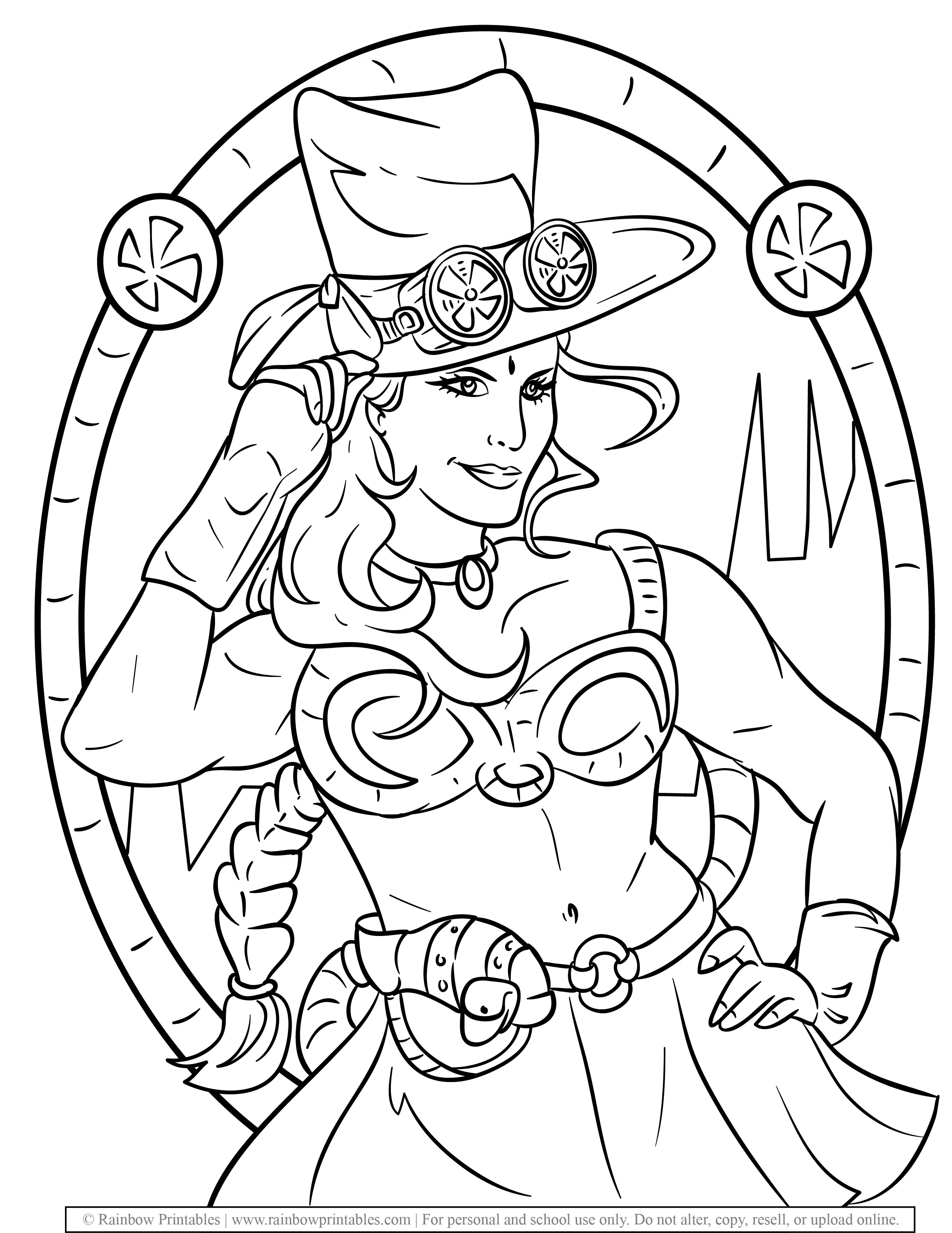 Steampunk Woman Punk Hat Witchcraft Cool futuristic Coloring Page Sheet