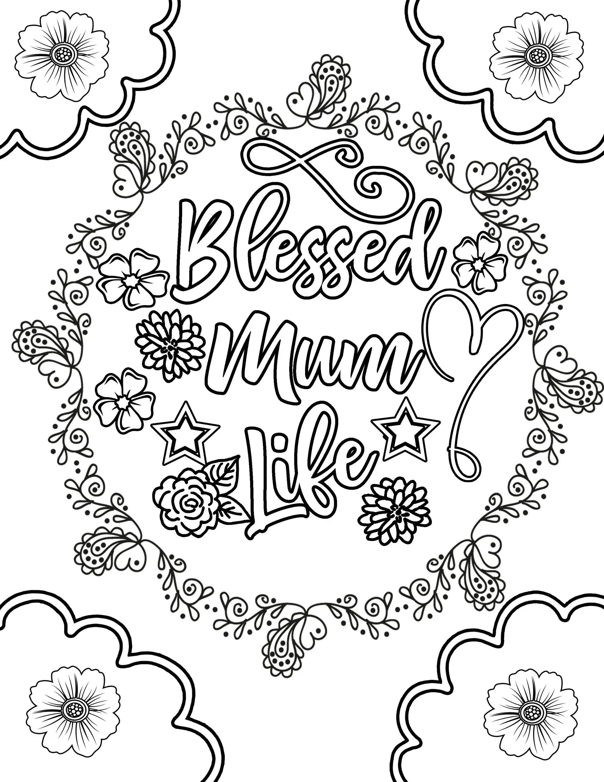 Blessed Mum Life MOTHER'S DAY flower with vines and frills Clipart Coloring Pages for Kids Adults Art Activities Line Art