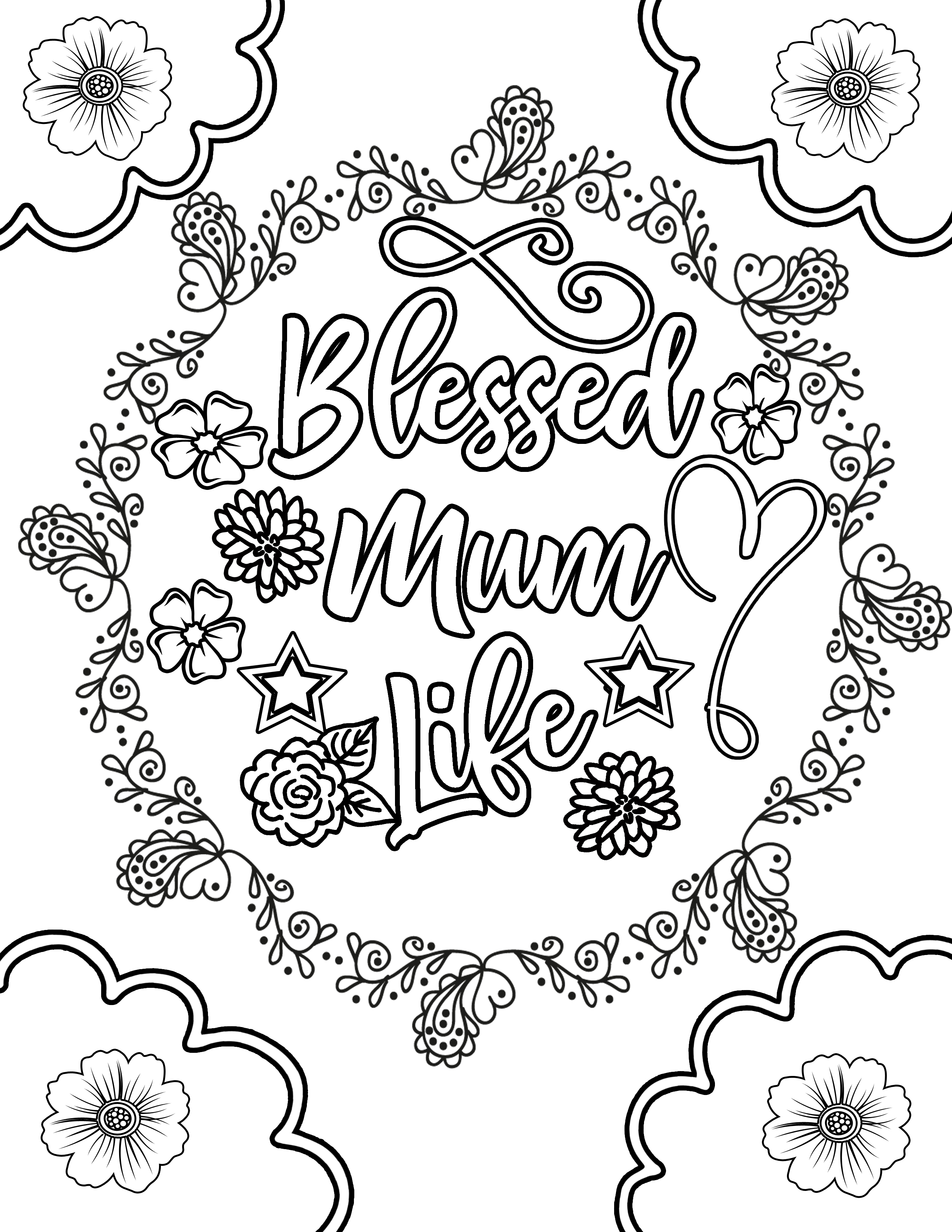 Blessed Mum Life MOTHER&#039;S DAY flower with vines and frills Clipart Coloring Pages for Kids Adults Art Activities Line Art