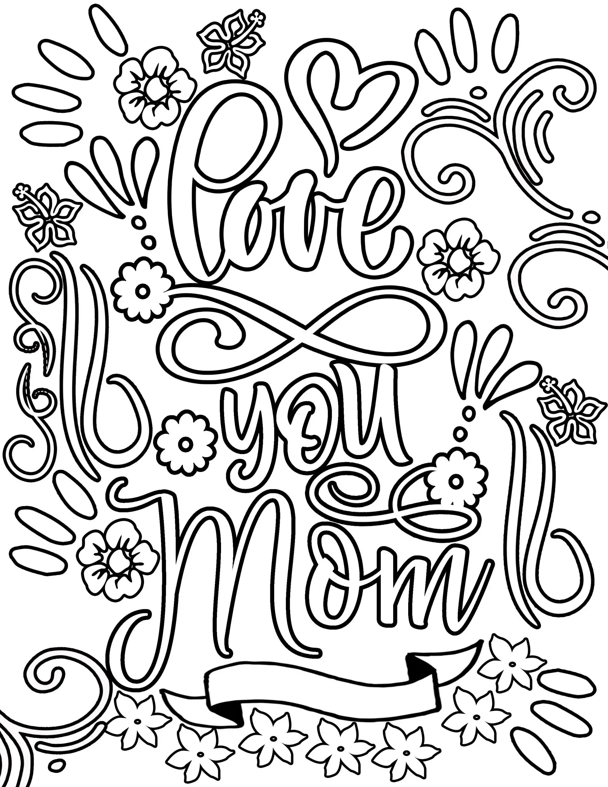 LOVE YOU MOM MOTHER'S DAY flower with vines and frills Clipart Coloring Pages for Kids Adults Art Activities Line Art