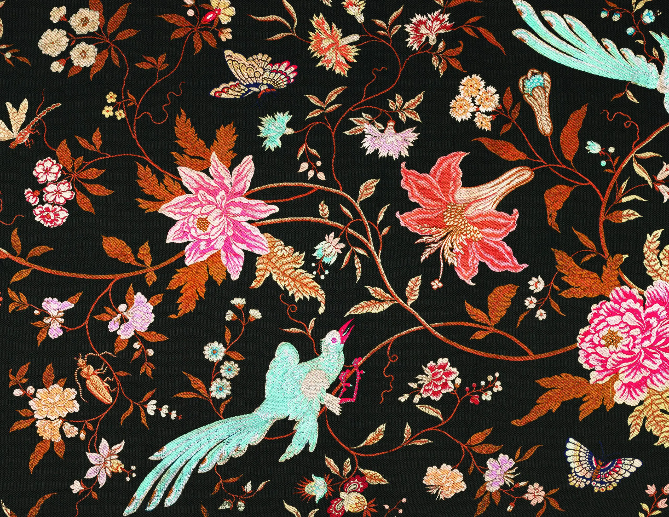 Black Floral Flower Eastern Asian Bird Vintage Bedroom Dollhouse Wallpaper Printable 19th Century Embroidery
