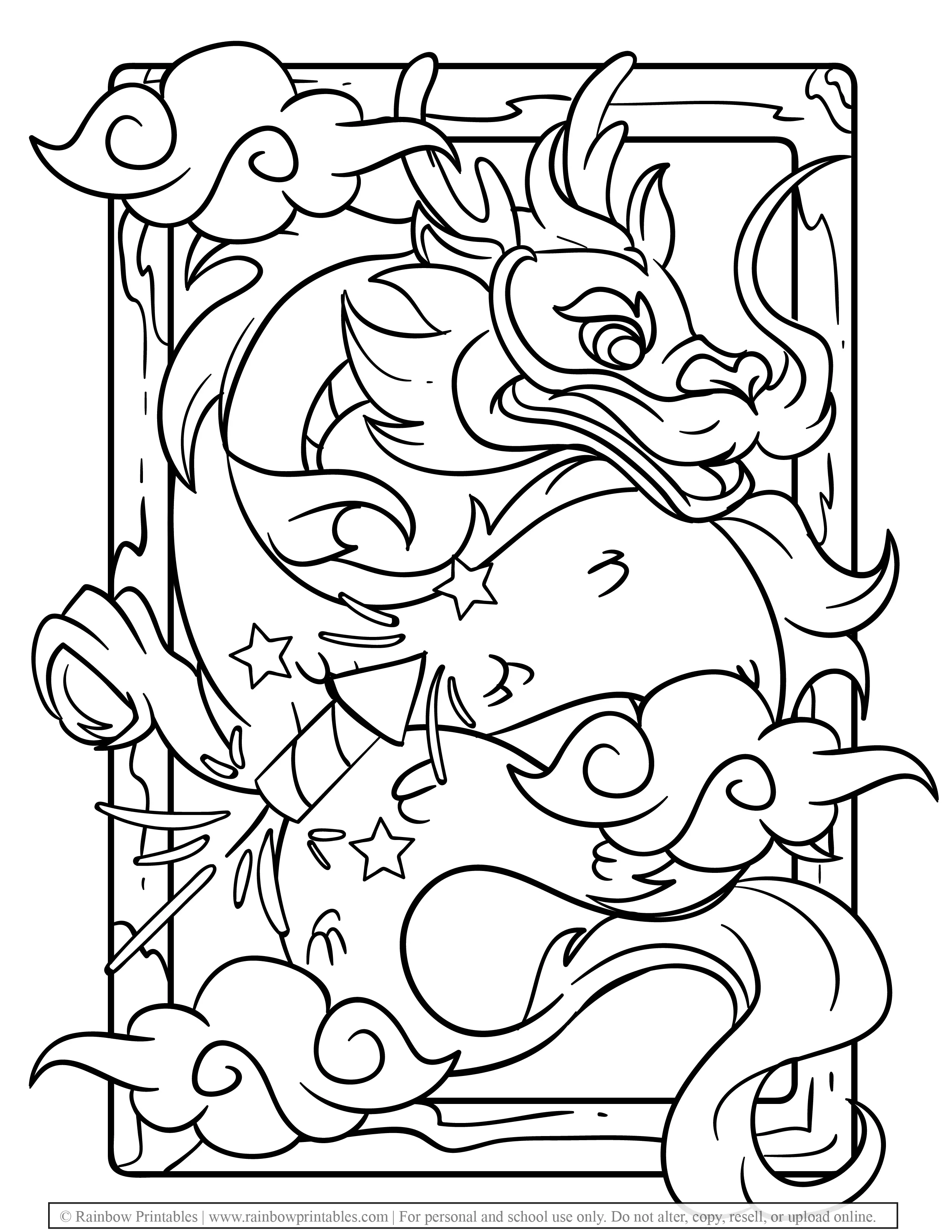 Free Coloring Pages for Kids Drawing Activities Line Art Illustration CHINESE CUTE SMPLE DRAGON FIRECRACKER ASIAN New Years