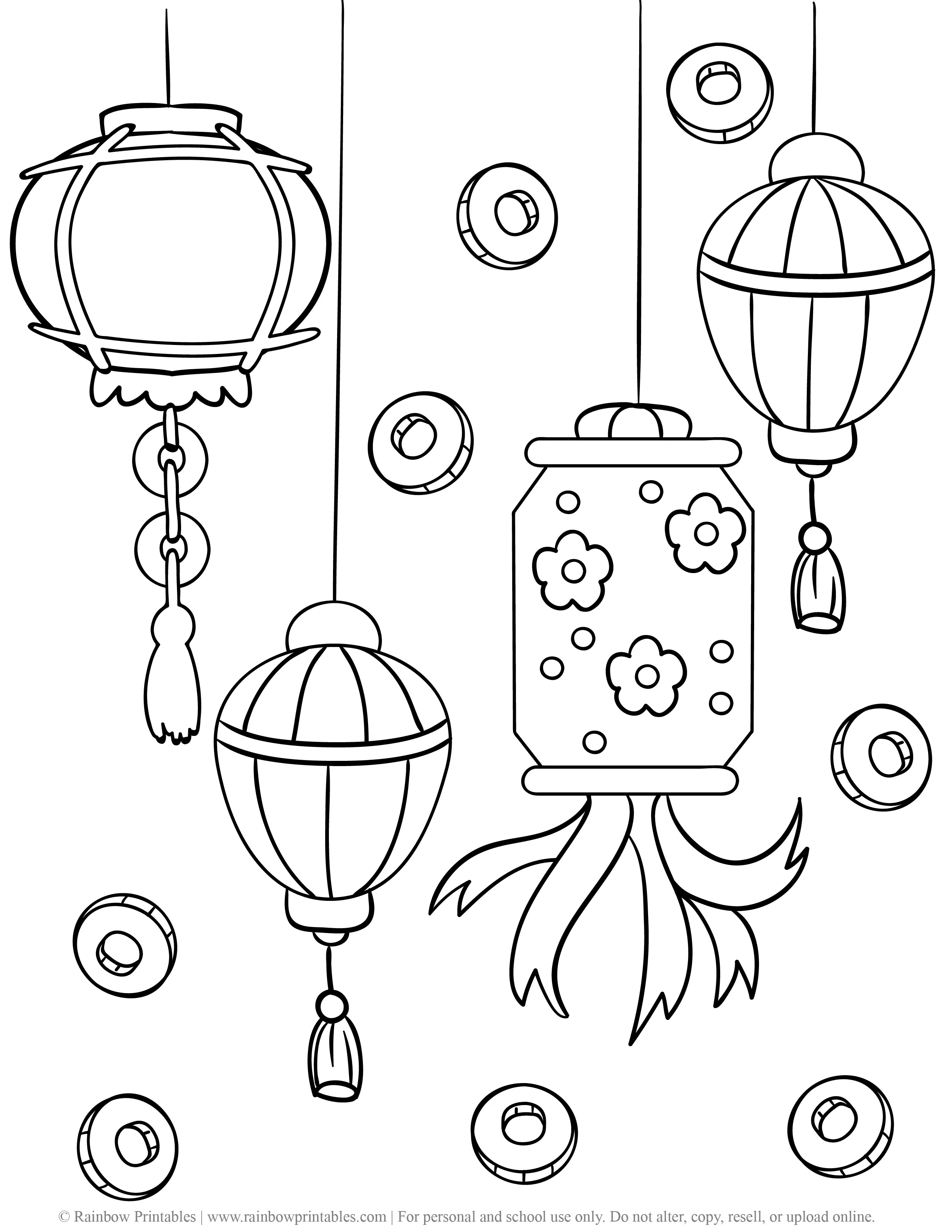 Free Coloring Pages for Kids Drawing Activities Line Art Illustration CHINESE LATERN NEW YEARS ANCIENT COINS CUTE SIMPLE ASIAN