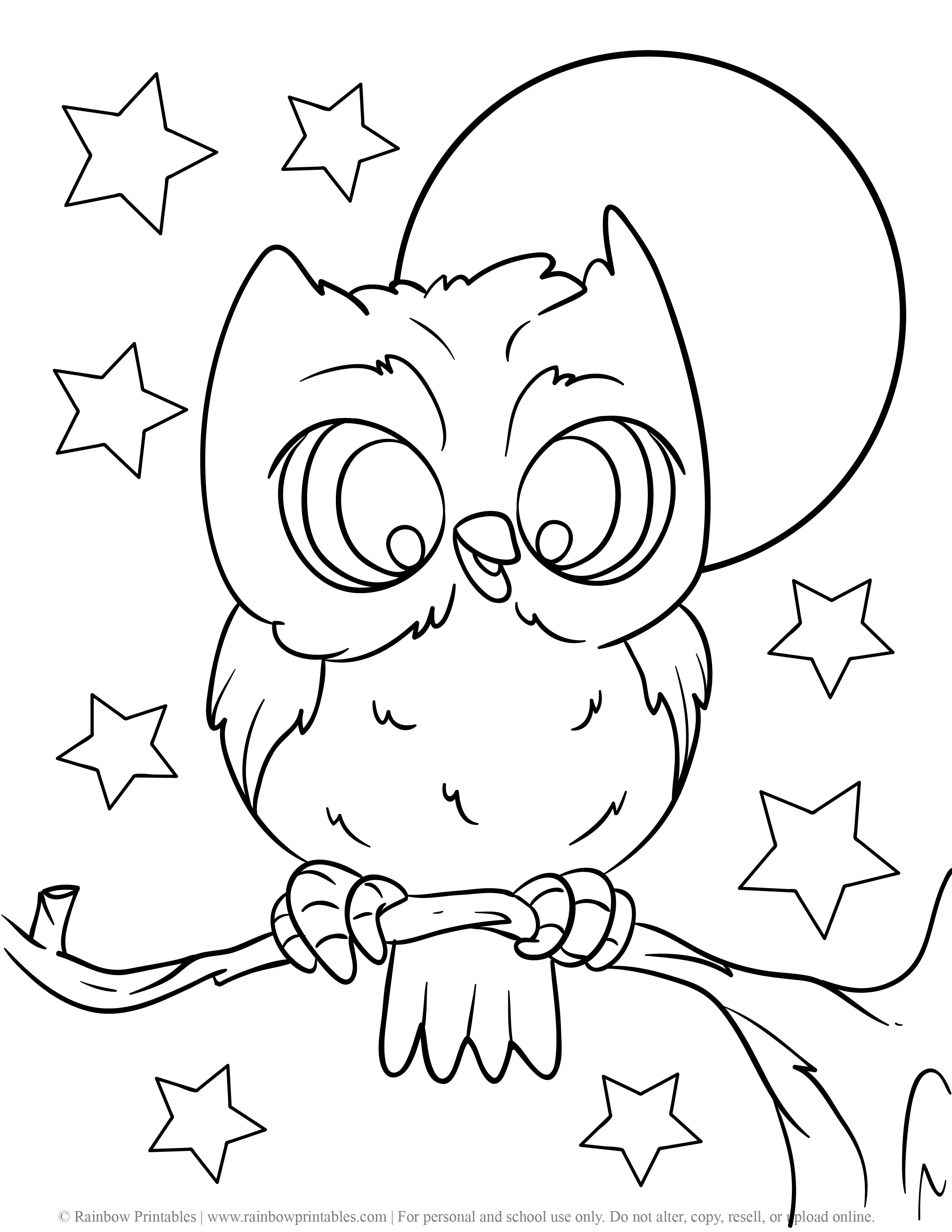 Free Coloring Pages for Kids Drawing Activities Line Art Illustration CUTE HALLOWEEN OWL NIGHTTIME MOON STARS