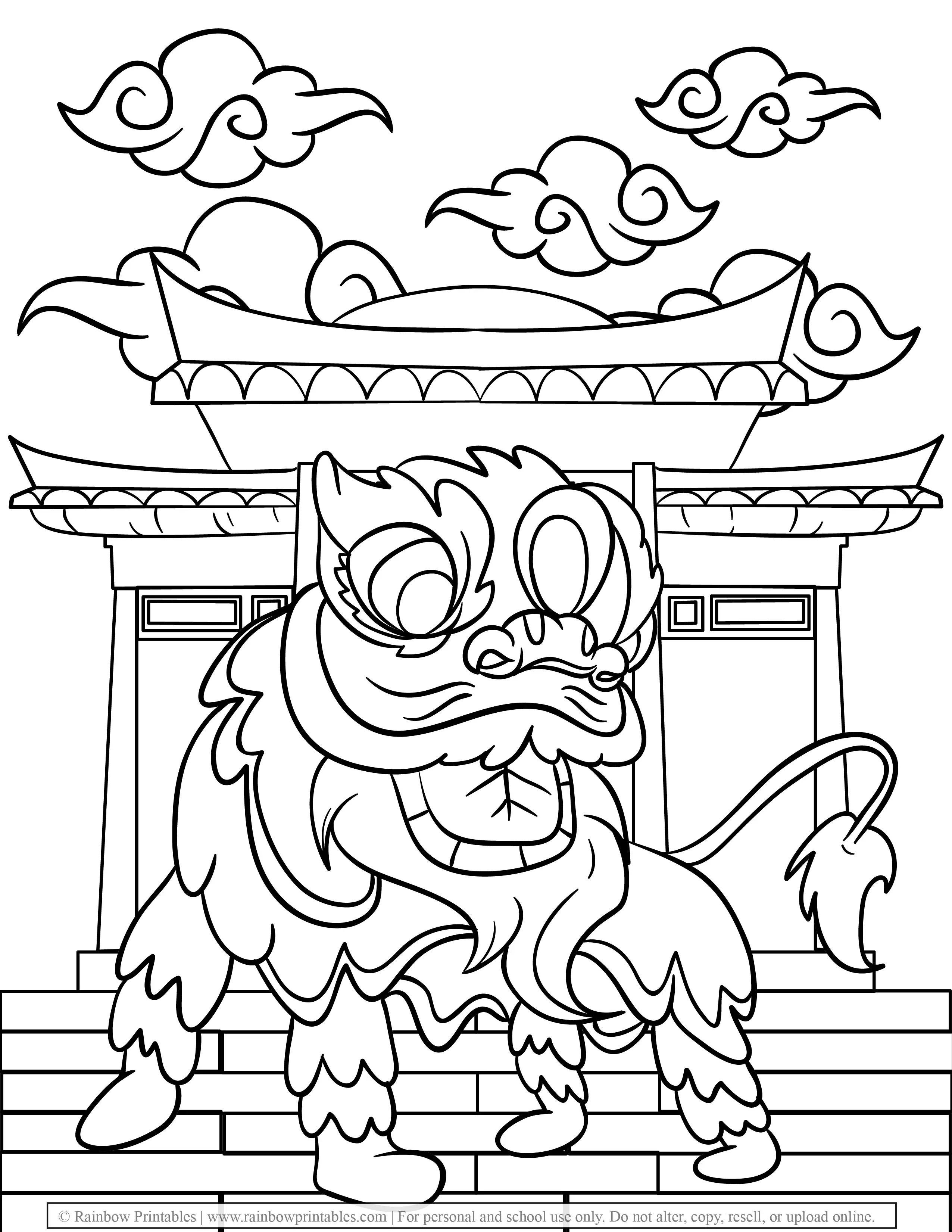 Free Coloring Pages for Kids Drawing Activities Line Art Illustration DANCING CHINATOWN LION GATE CHINESE NEW YEAR