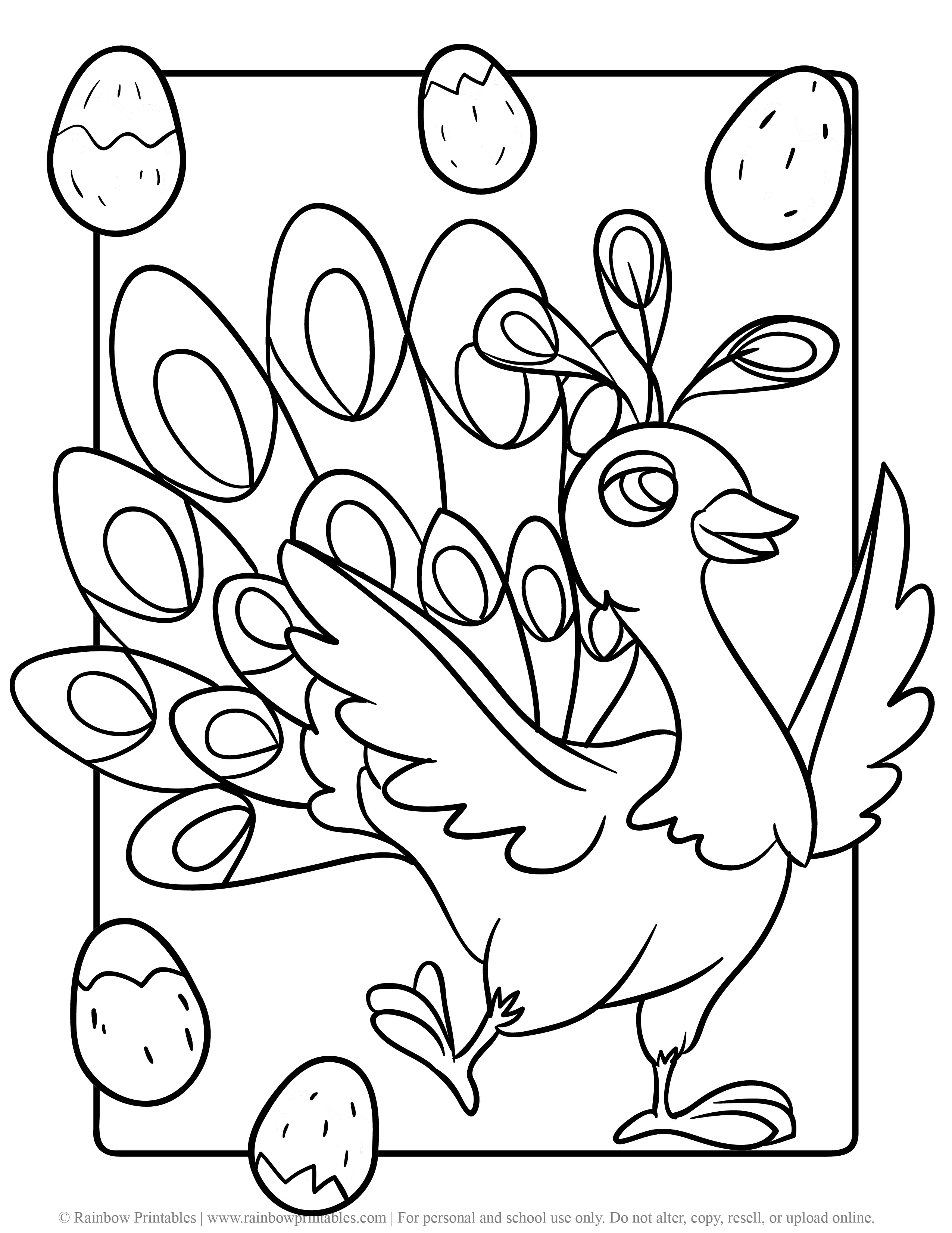 Free Coloring Pages for Kids Drawing Activities Line Art Illustration EGG PEACOCK BEAUTIFUL FEATHERS CARTOON