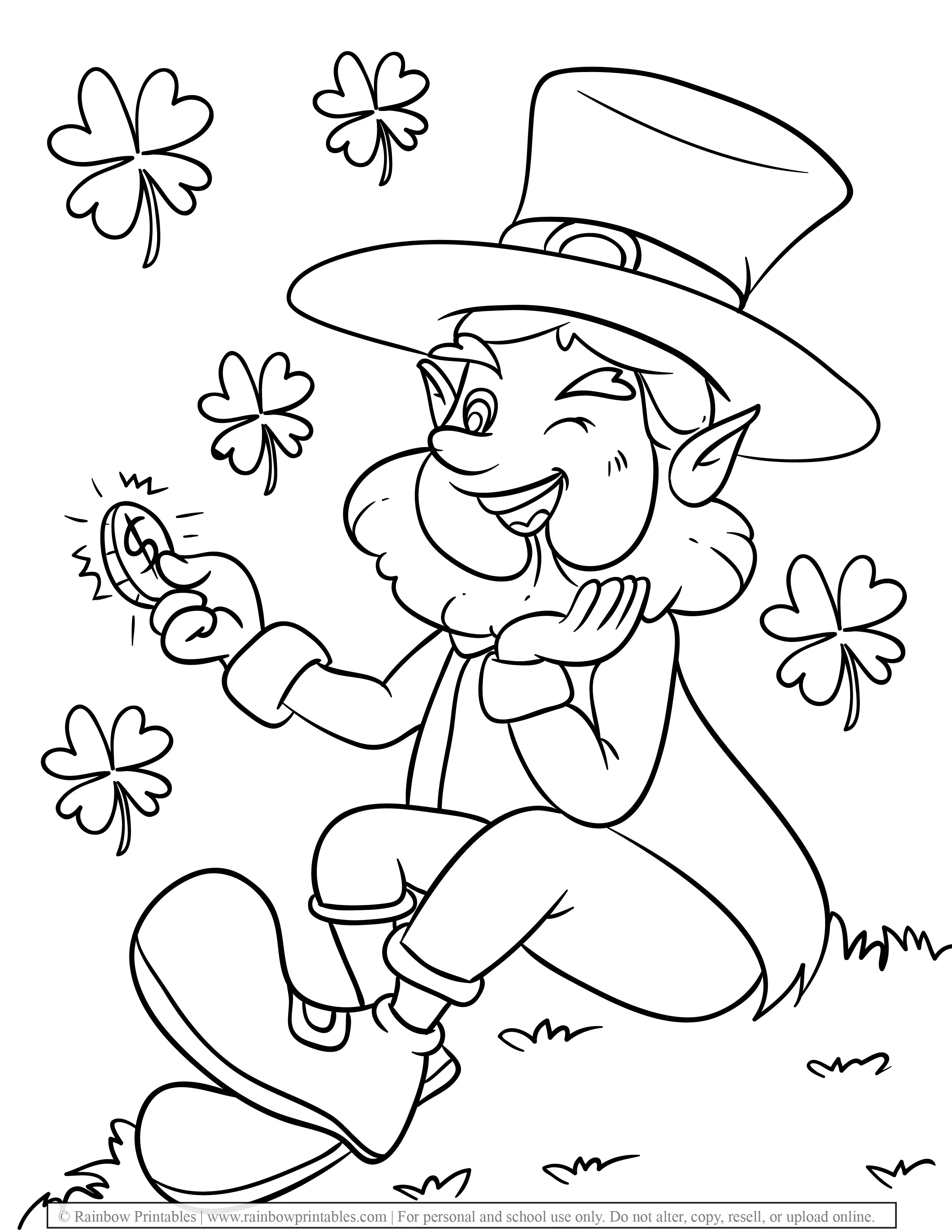 Free Coloring Pages for Kids Drawing Activities Line Art Illustration Leprechaun Pot of Gold Lucky 4 Clover Leaf St Patrick's Day Coin Winking