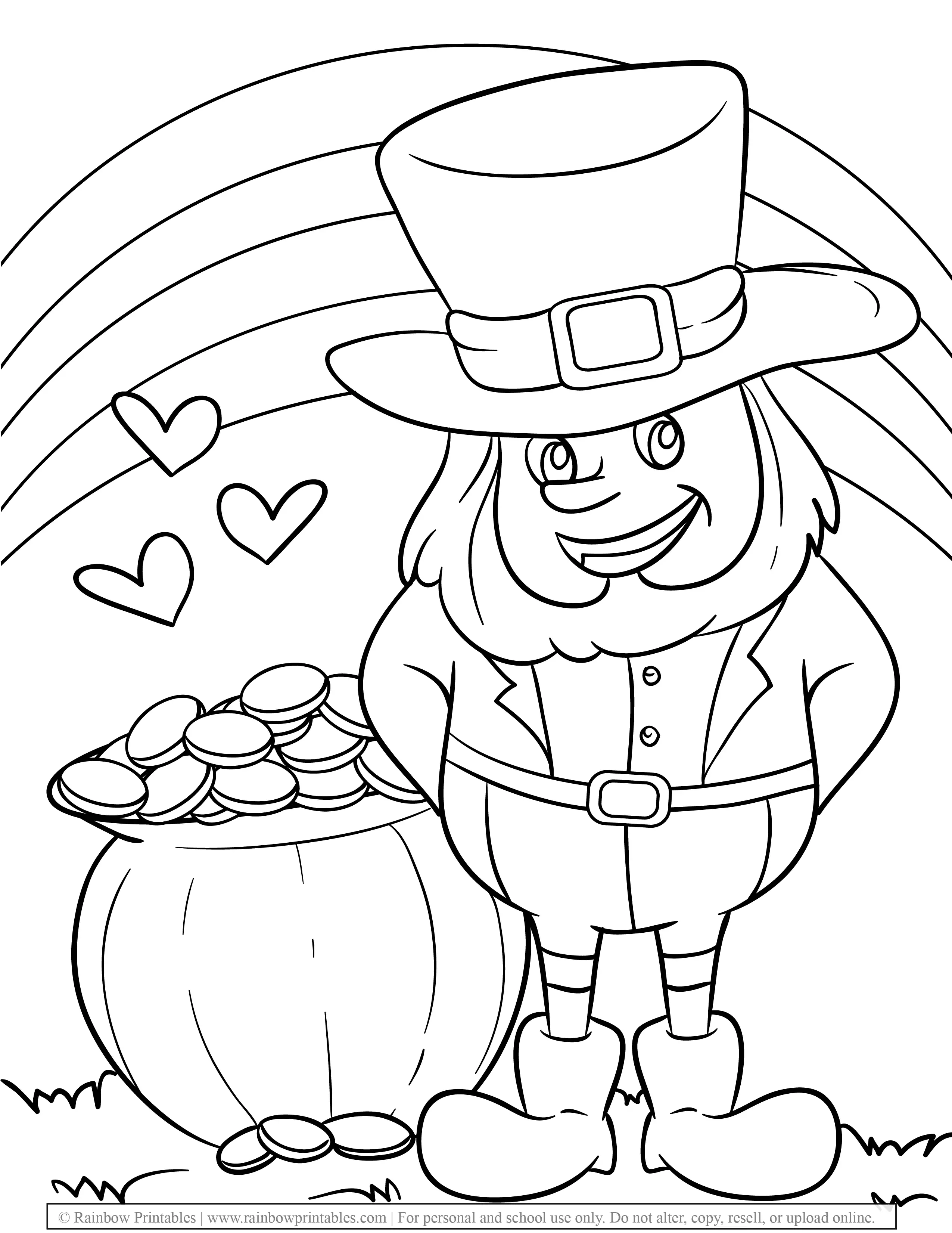 Free Coloring Pages for Kids Drawing Activities Line Art Illustration Leprechaun Pot of Gold Lucky 4 Clover Leaf St Patrick's Day RAINBOW