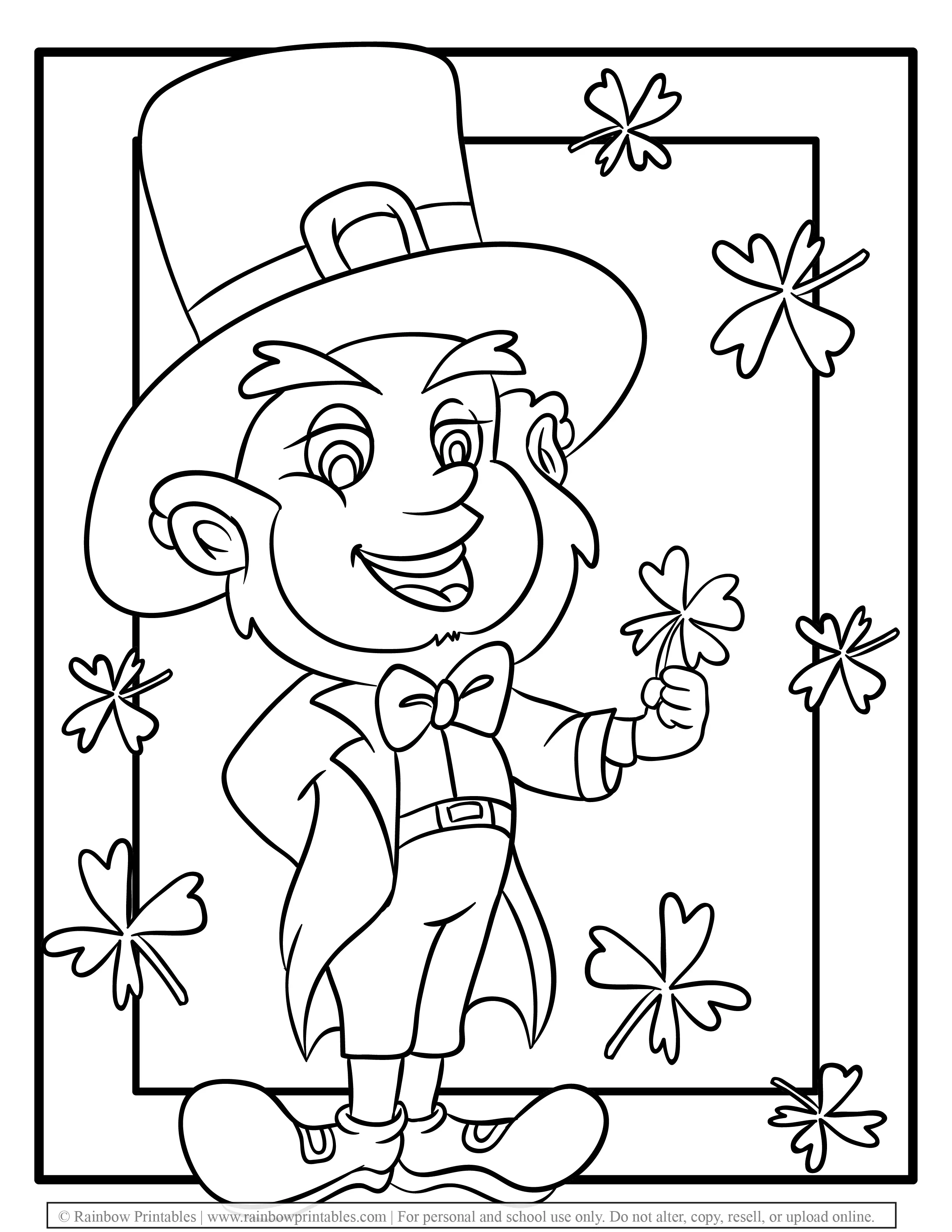 Free Coloring Pages for Kids Drawing Activities Line Art Illustration Leprechaun Pot of Gold Lucky 4 Clover Leaf St Patrick's Day
