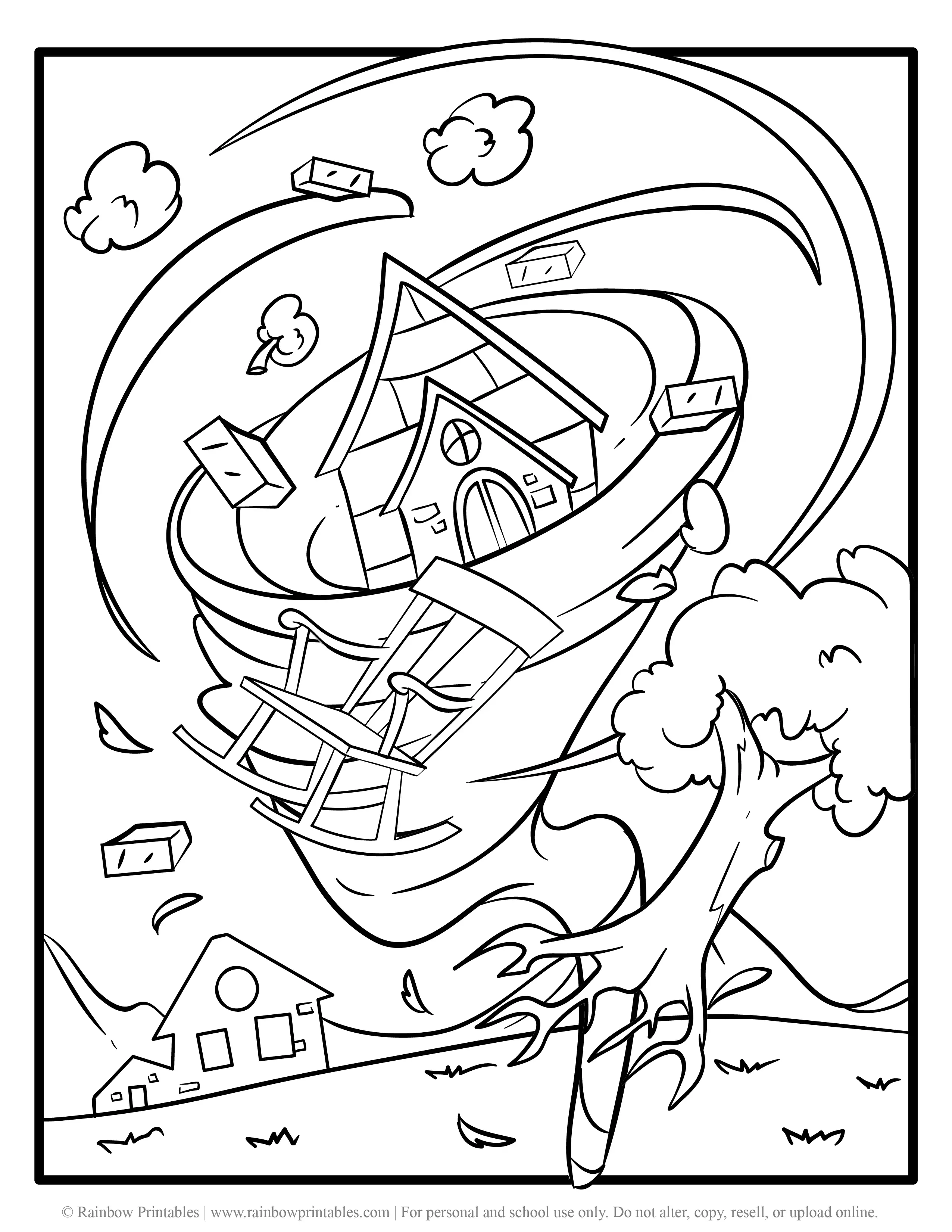 Free Coloring Pages for Kids Drawing Activities Line Art Illustration TORNADO HURRICANE SCENE CHAOS