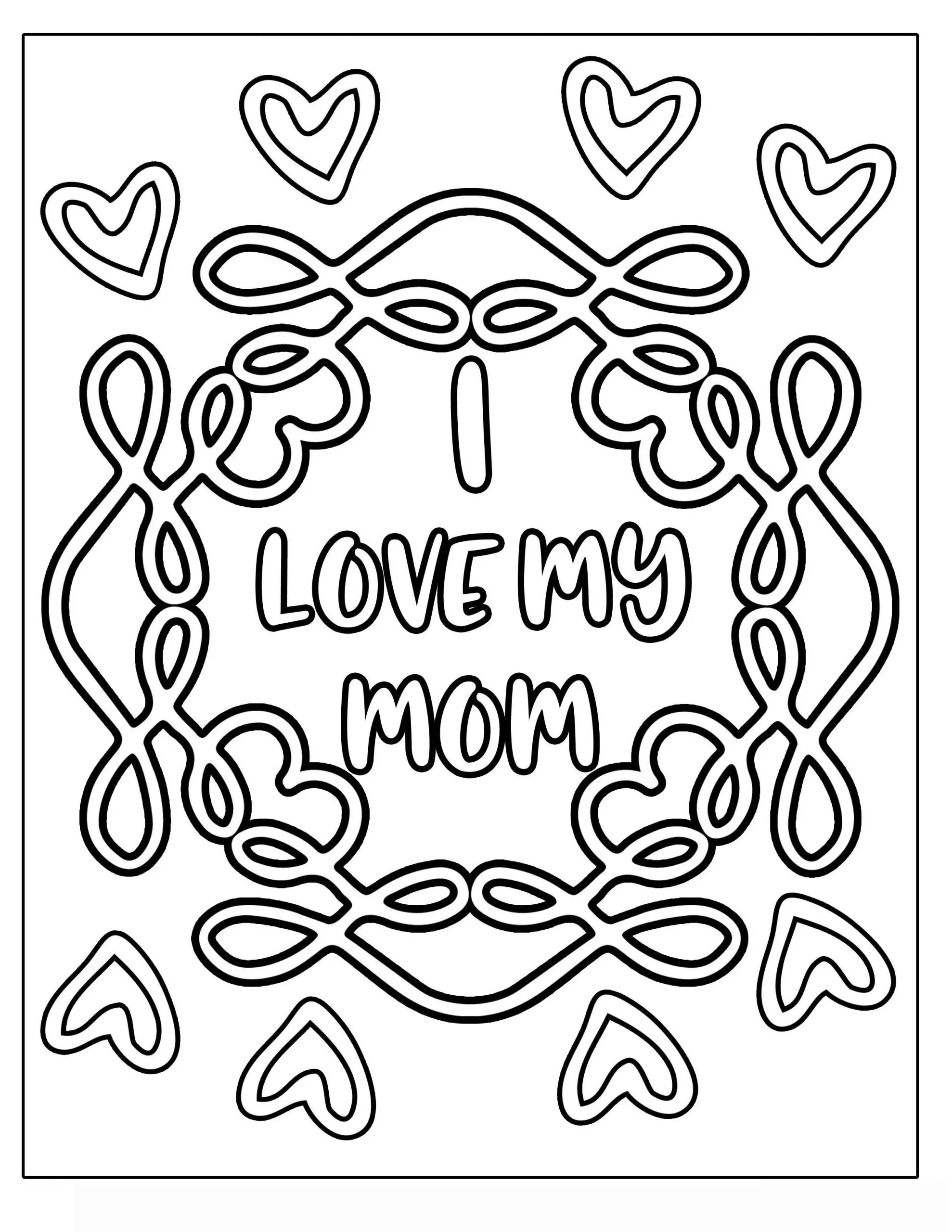 I LOVE MY MOM MOTHER'S DAY flower with vines and frills Clipart Coloring Pages for Kids Adults Art Activities Line Art