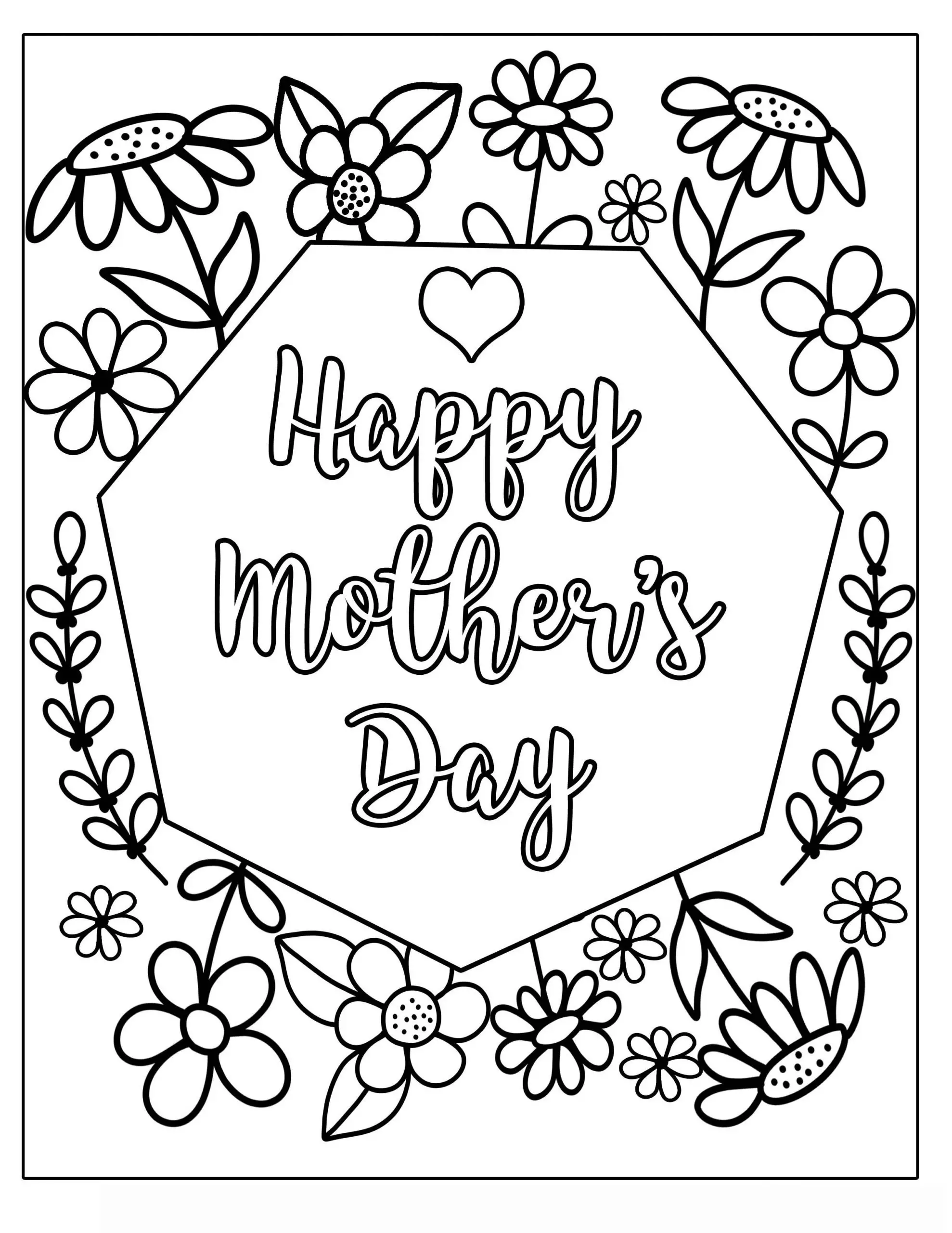 Happy MOTHERS DAY MOTHER'S DAY flower with vines and frills Clipart Coloring Pages for Kids Adults Art Activities Line Art