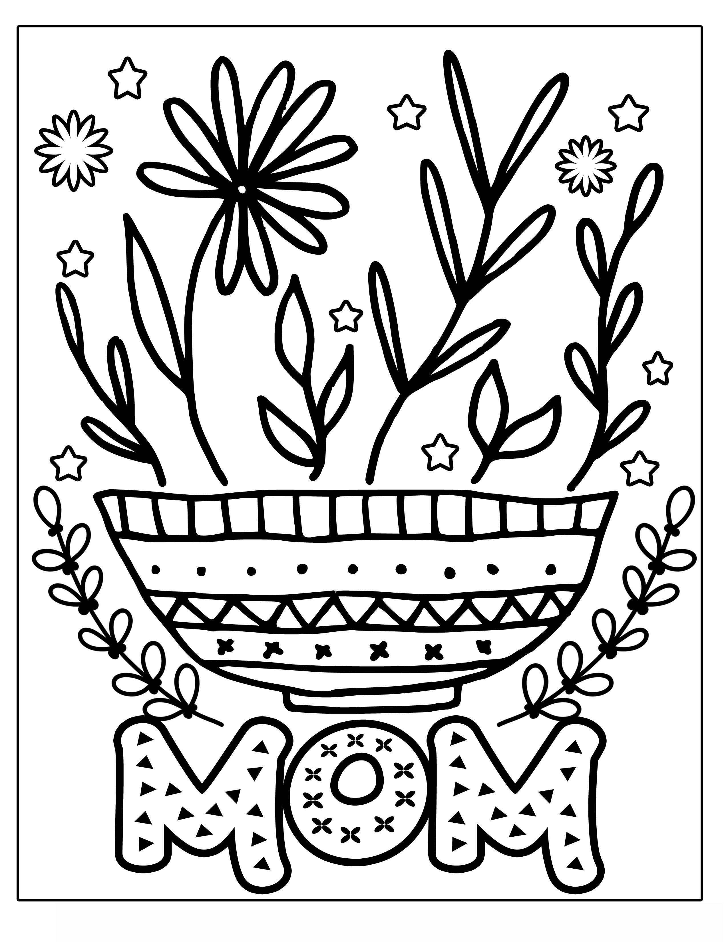 MOTHER&#039;S DAY flower with vines and frills Clipart Coloring Pages for Kids Adults Art Activities Line Art