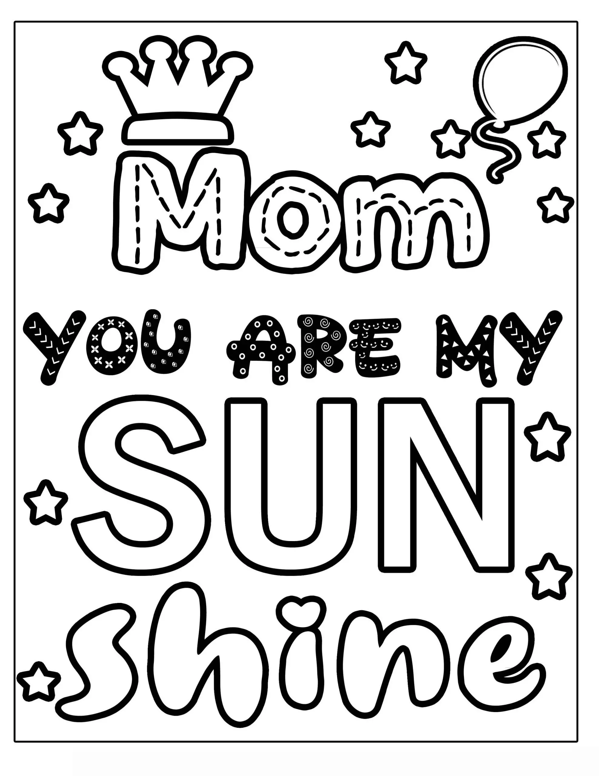 you are my sunshine MOTHER'S DAY flower with vines and frills Clipart Coloring Pages for Kids Adults Art Activities Line Art