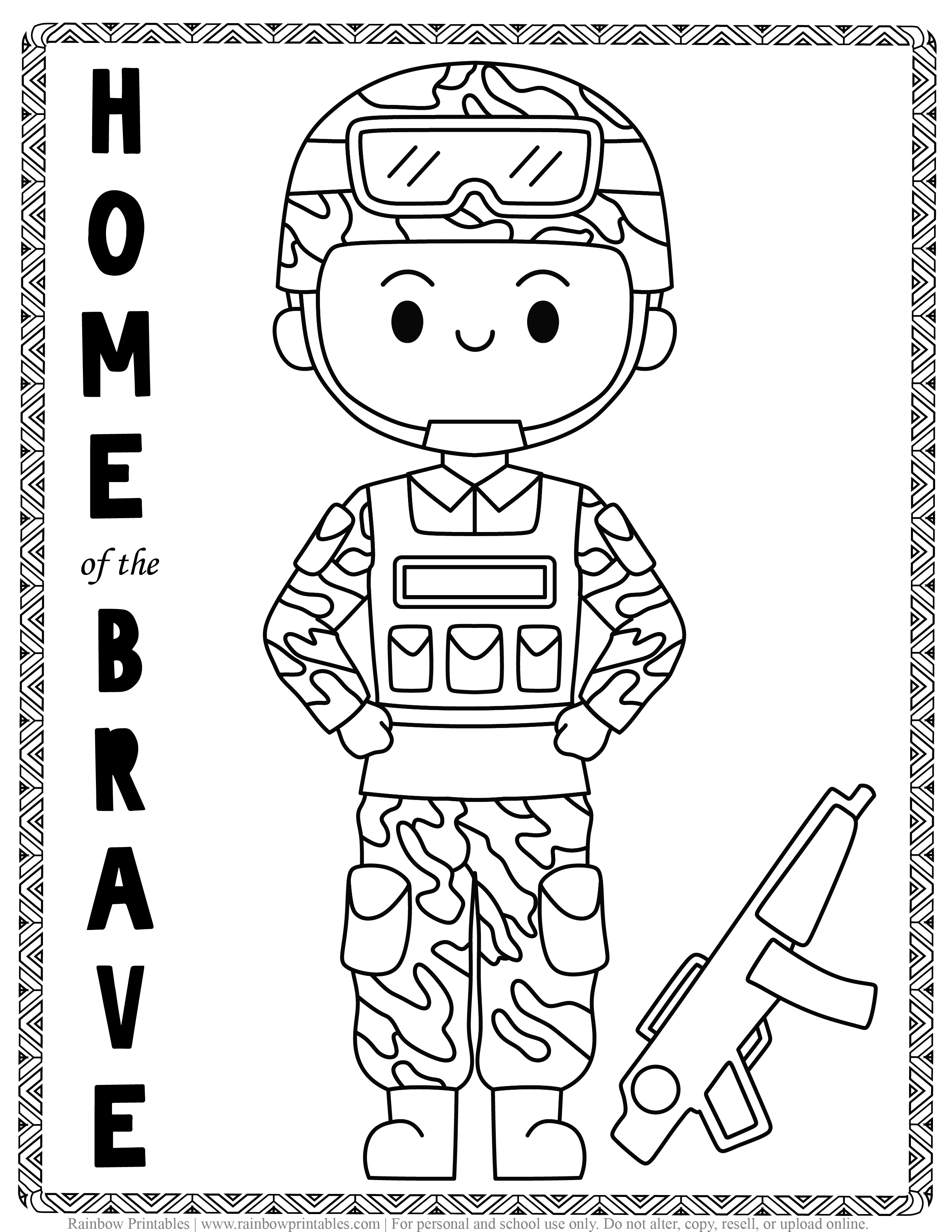 ARMY SOLDIER home of the BRAVE Kids Patriotic July 4th independence Day Printables for Children, Toddlers, America Coloring Pages, Activity for Preschool