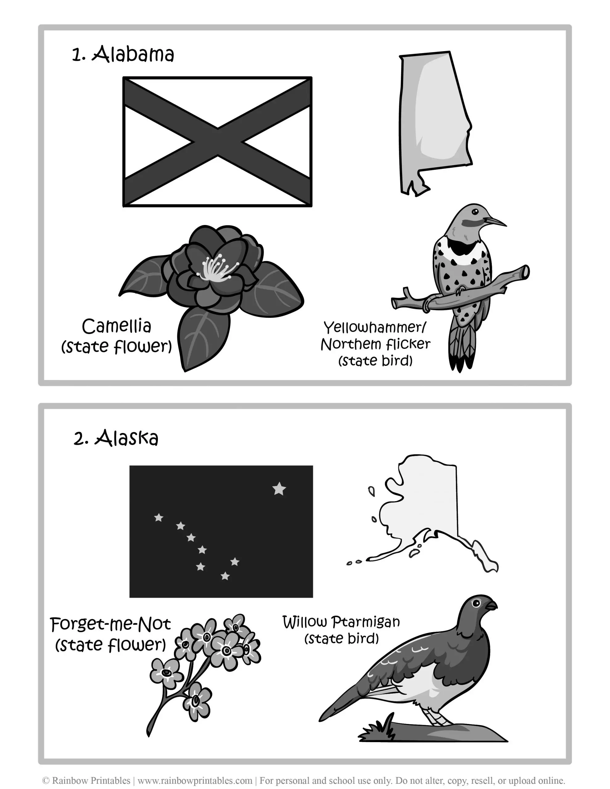 Alabama, Alaska, 50 US State Flag, State Bird, State Flower, United States of America - American States Geography Worksheet Class Lesson Printables Flashcards Black White