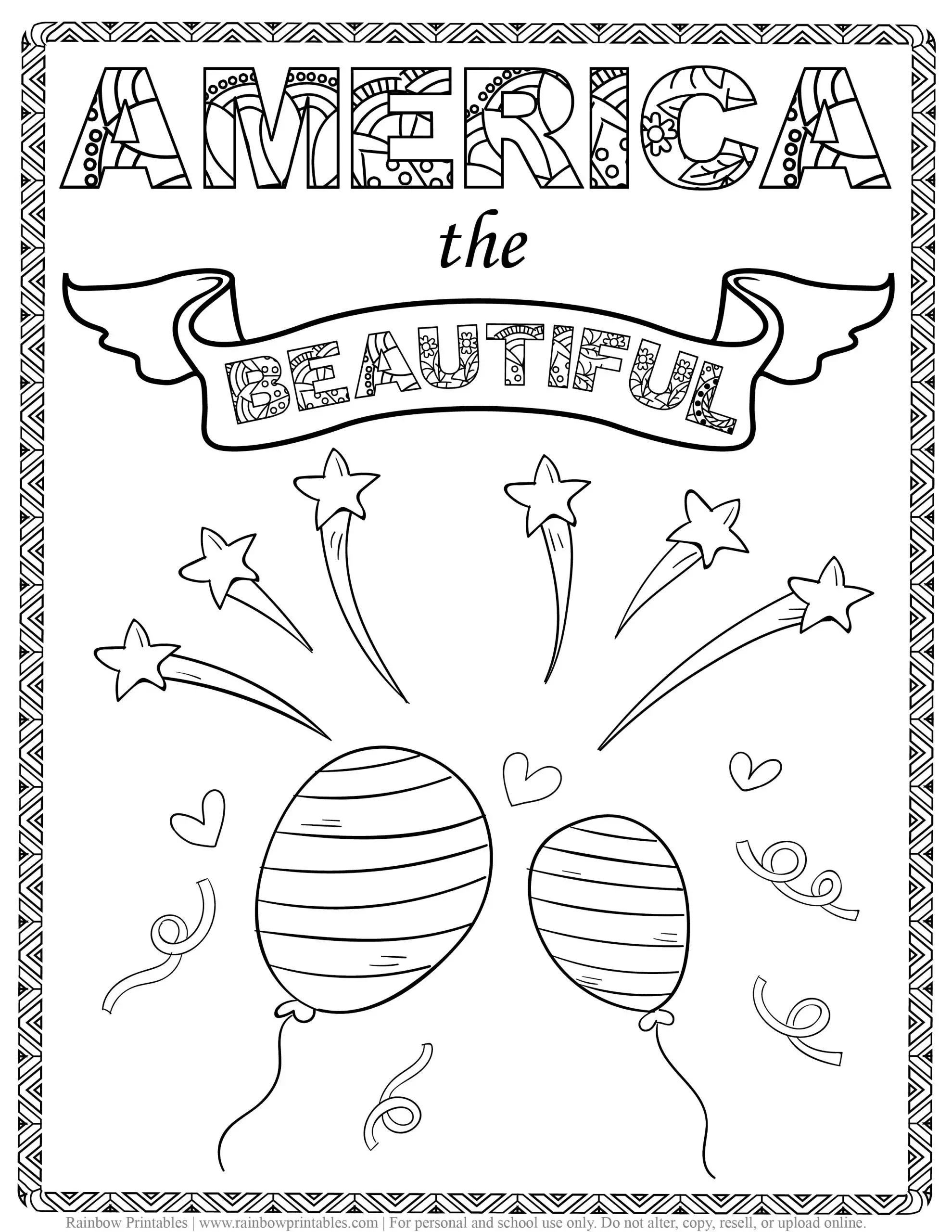 America The Beautiful Coloring Page, Kids Patriotic July 4th Independence Day Printables for Children, Toddlers, Activity for Preschool, Celebrating