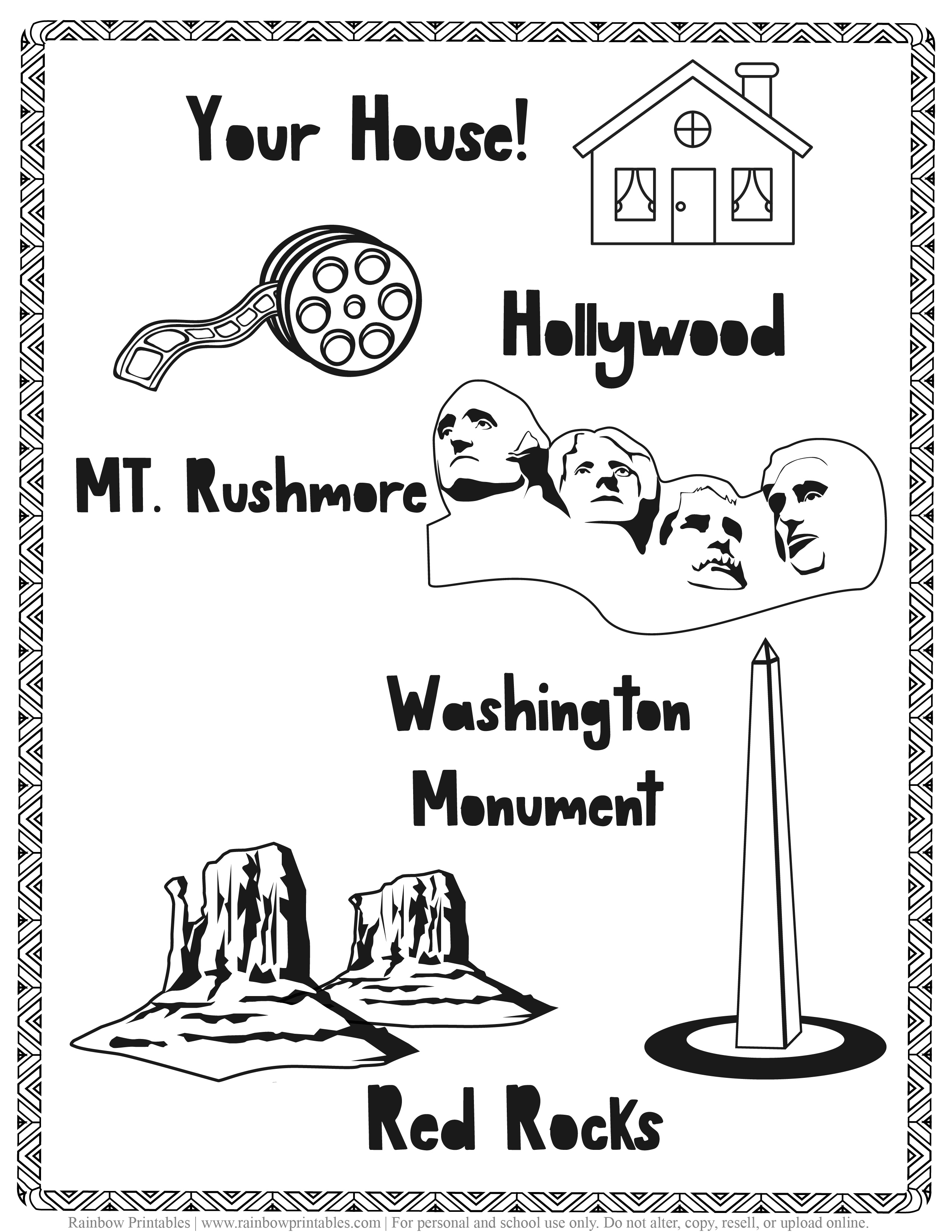 American Famous Landmarks Worksheet Geography Quiz Kids Patriotic July 4th Independence Day Printables for Children, Toddlers, America Coloring Pages, Activity (2)