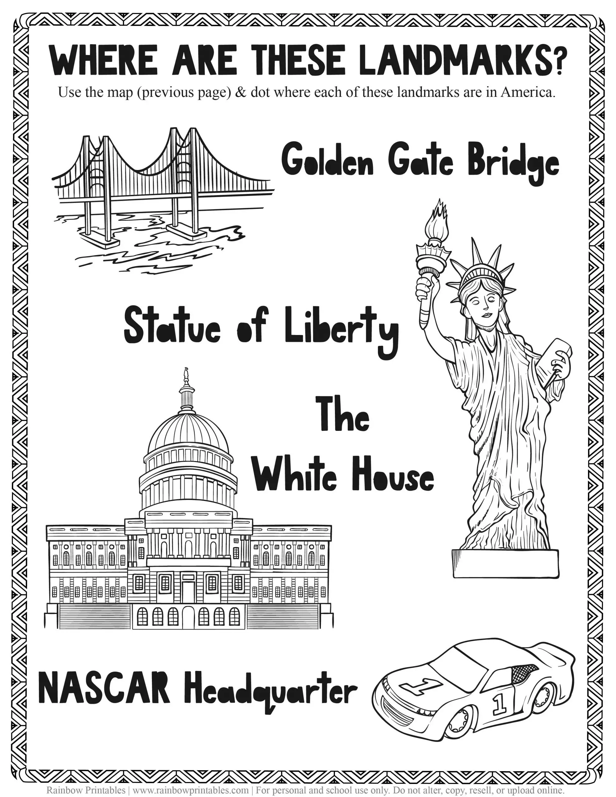 American Famous Landmarks Worksheet Geography Quiz Kids Patriotic July 4th independence Day Printables for Children, Toddlers, America Coloring Pages, Activity