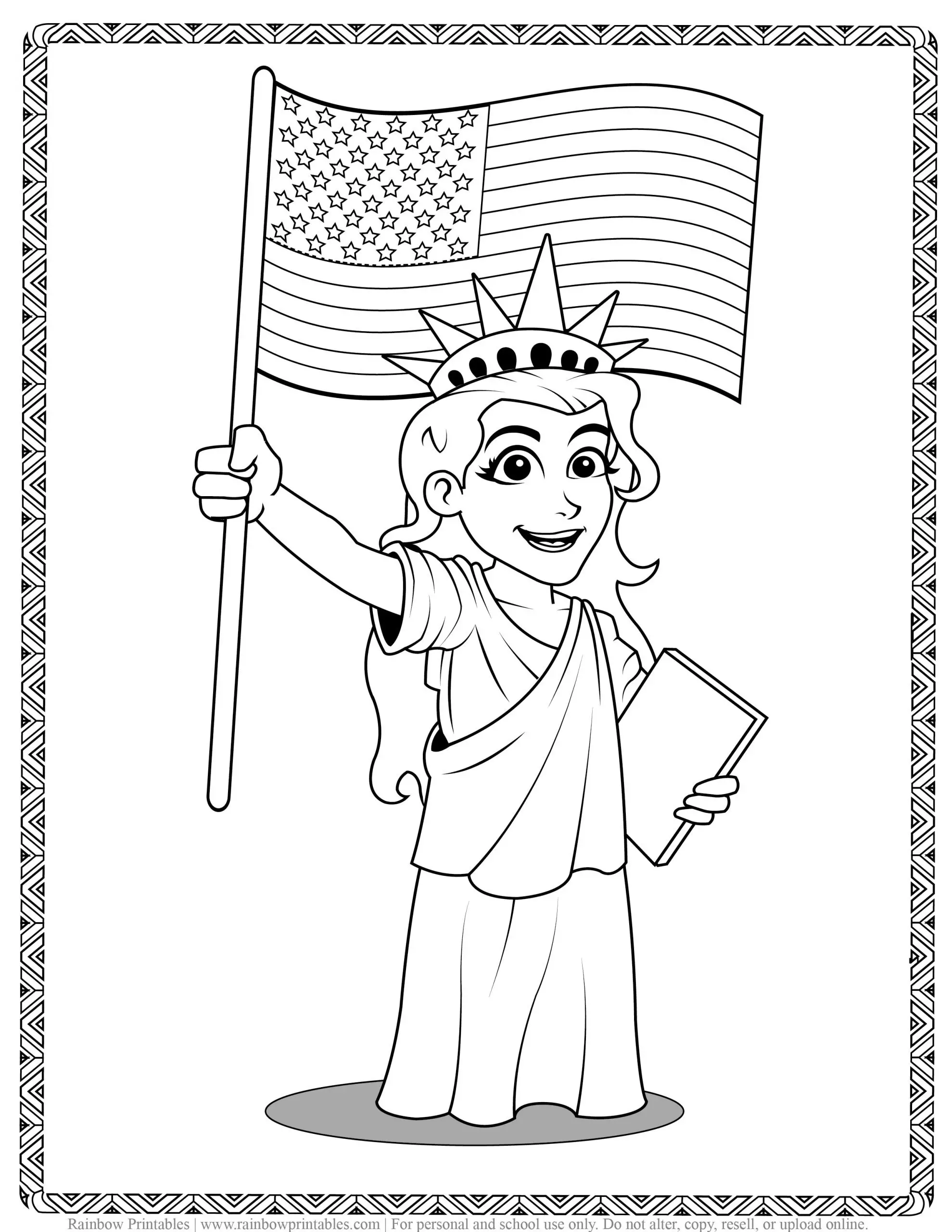 American Landmarks Lady Liberty Holding Flag Kids Patriotic July 4th independence Day Printables for Children, Toddlers, Coloring Pages, Activity for Preschool