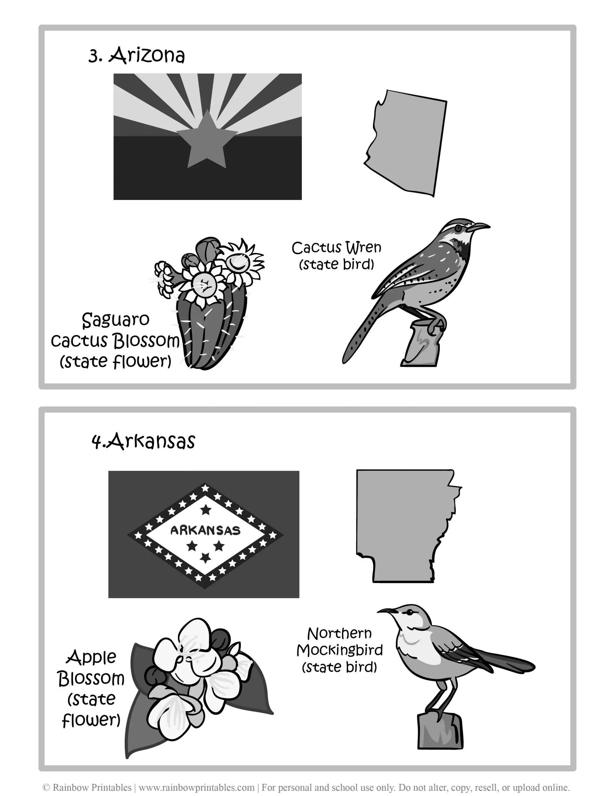 Arizona, Arkansas, 50 US State Flag, State Bird, State Flower, United States of America - American States Geography Worksheet Class Lesson Printables Flashcards Black White