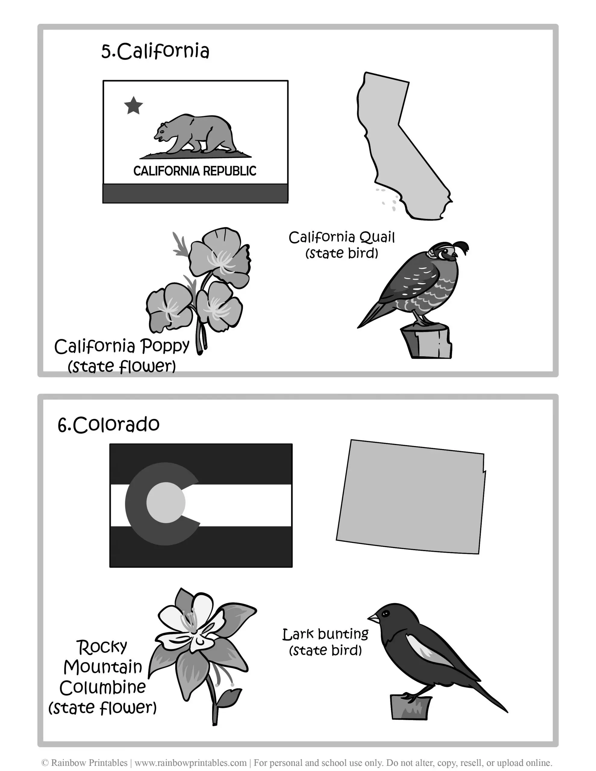 California, Colorado, 50 US State Flag, State Bird, State Flower, United States of America - American States Geography Worksheet Class Lesson Printables Flashcards Black White