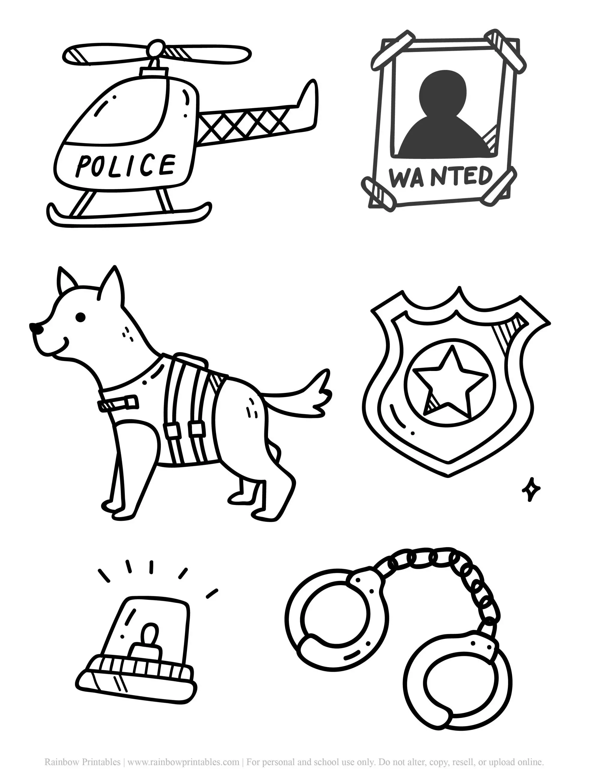 Community Helper Police Dog, Helicopter, Wanted Sign, Badge, Siren Handcuff, Clipart, Community for Young Children Coloring Page