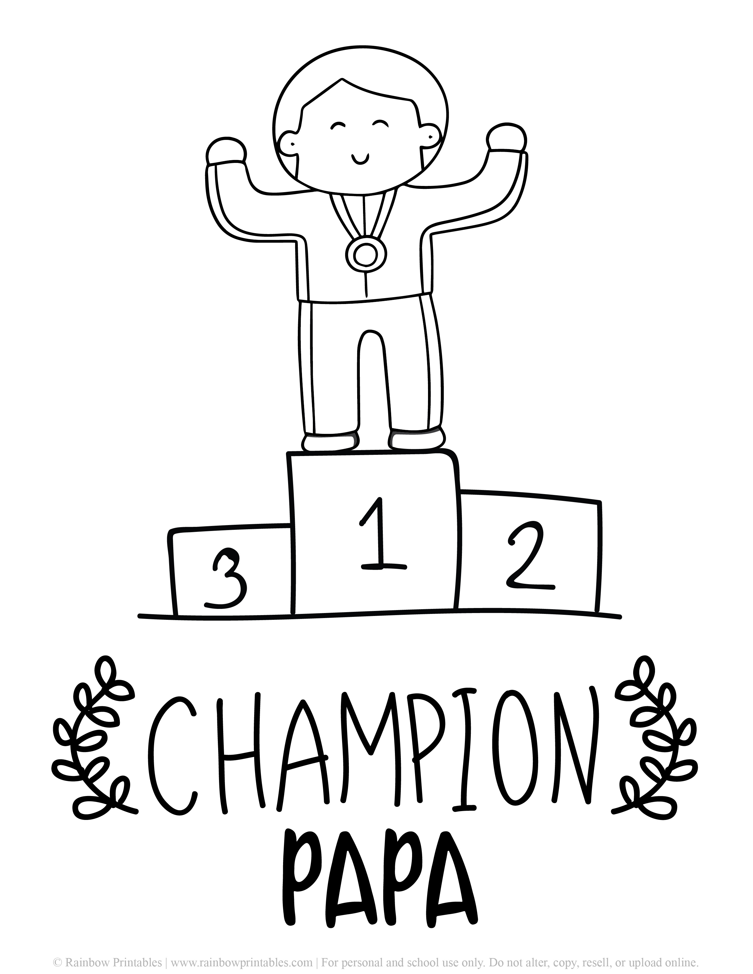 Father&#039;s Day Punny Cards &amp; Coloring Pages Champion Papa Printable BW Racer First Place Metal Olympian Winning