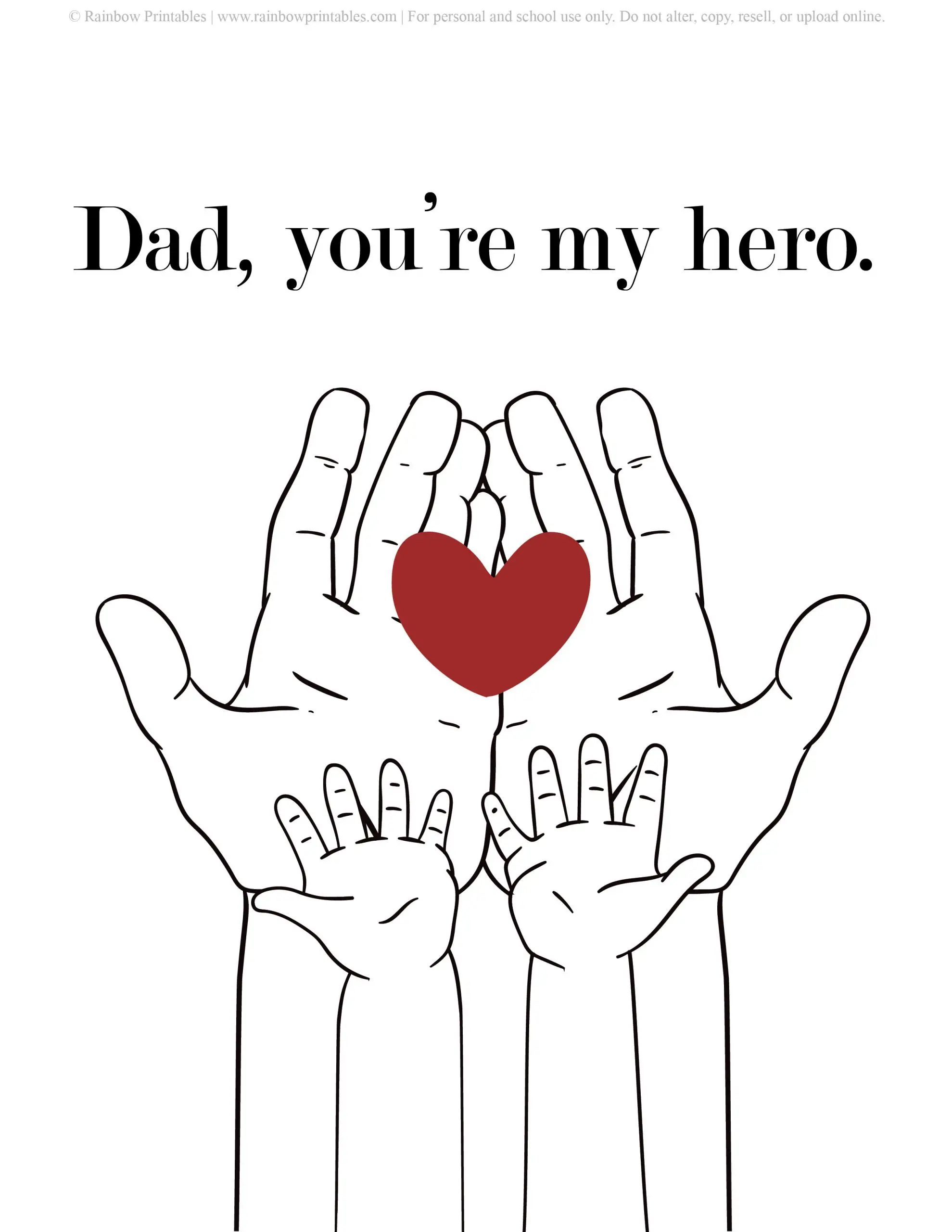 Father's Day Punny Cards & Coloring Pages Daddy is My Hero Hero Father's Day Heart in Hand to Hand Printable
