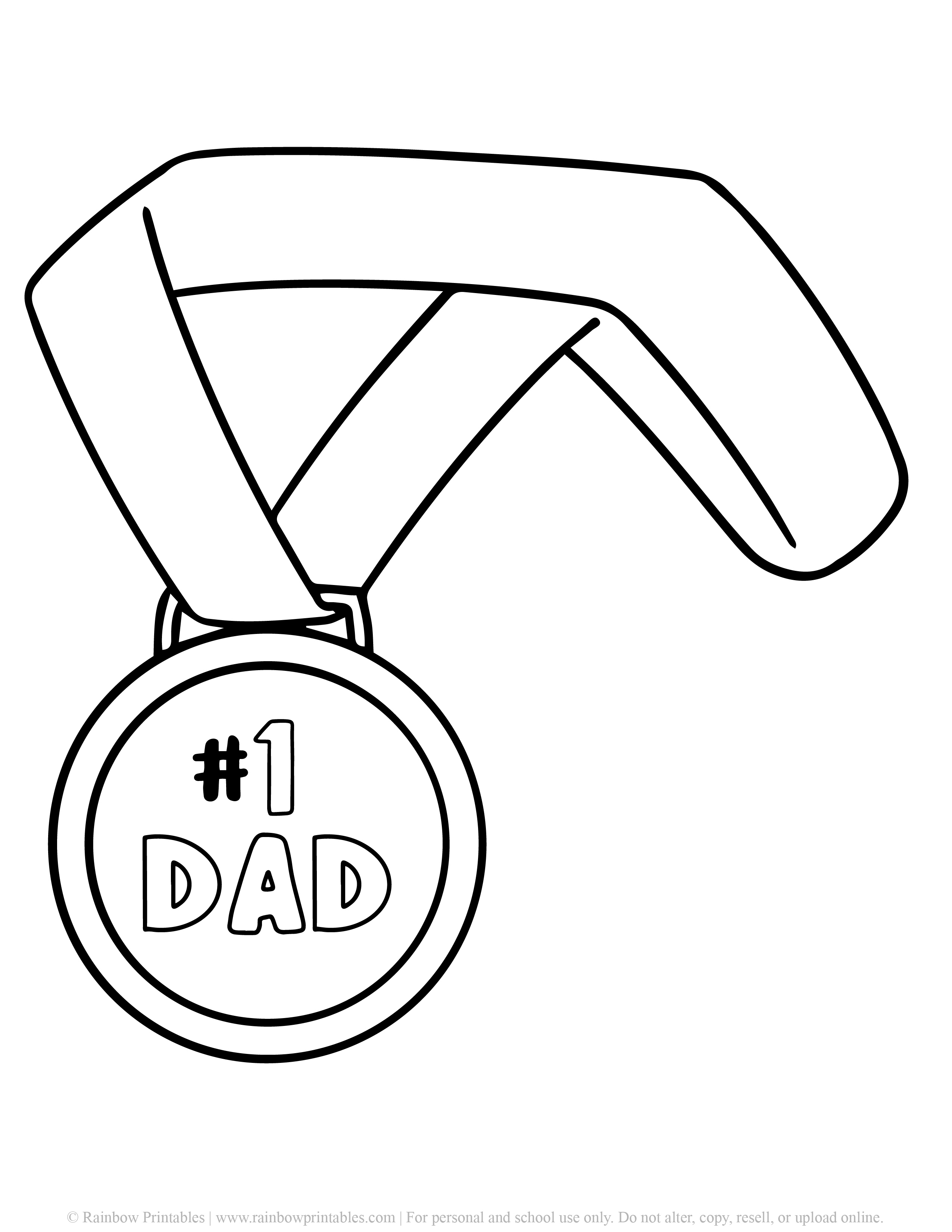Father's Day Punny Cards & Coloring Pages Number 1 Dad Gold Metal Happy Father's Day First Place Printable BW