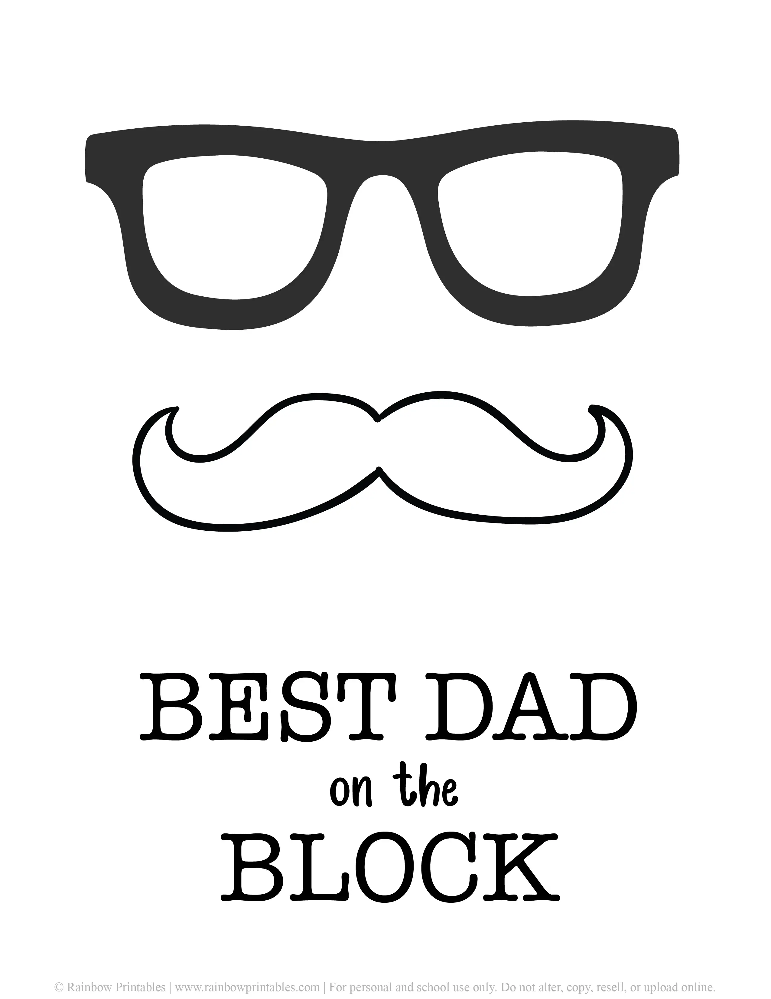 Father's Day Punny Cards & Coloring Pages Printable Hipster Best DAD on the Block Mustache Glasses Funny Dorky Pun Dad Jokes Coloring Activity
