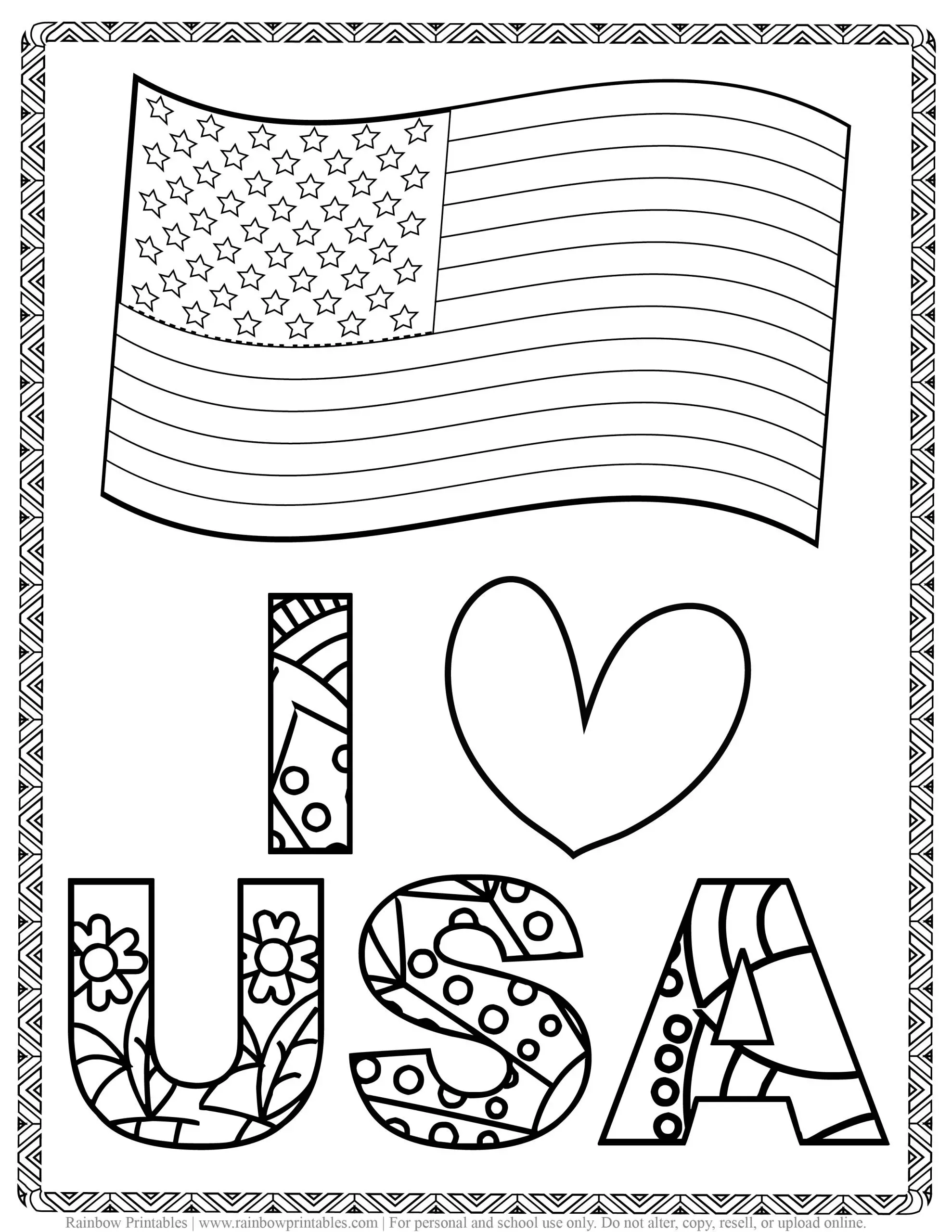 I HEART USA + flag Kids Patriotic July 4th Independence Day Printables for Children, Toddlers, America Coloring Pages, Activity for Preschool, Freedom