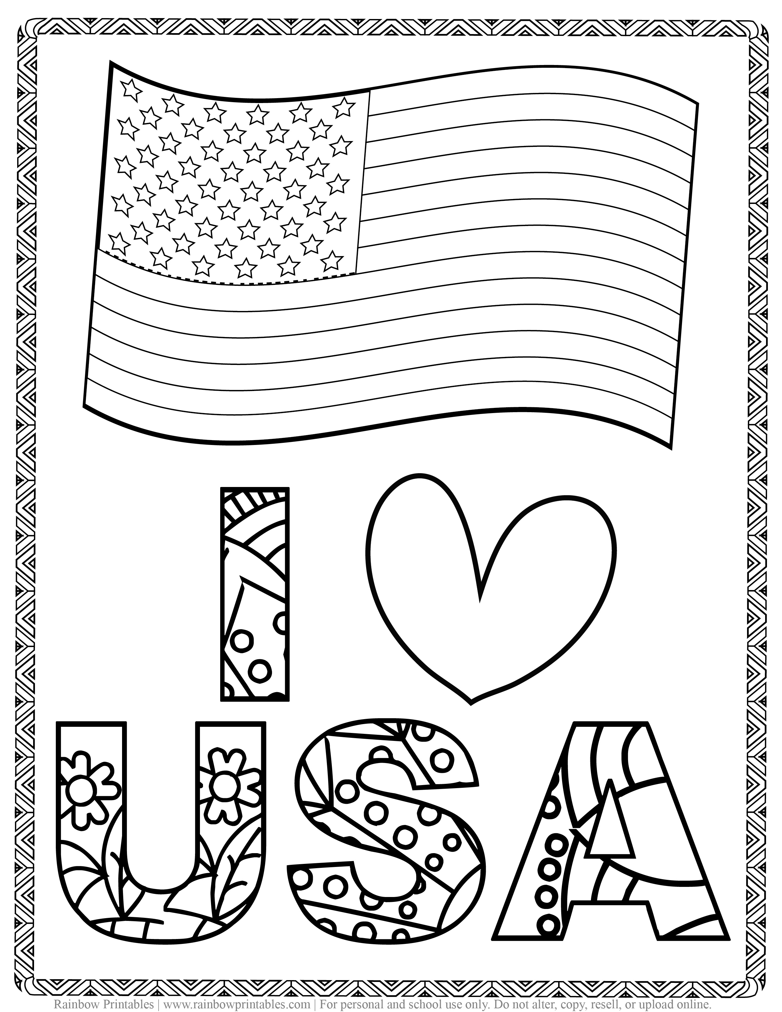 I HEART USA + flag Kids Patriotic July 4th Independence Day Printables for Children, Toddlers, America Coloring Pages, Activity for Preschool, Freedom