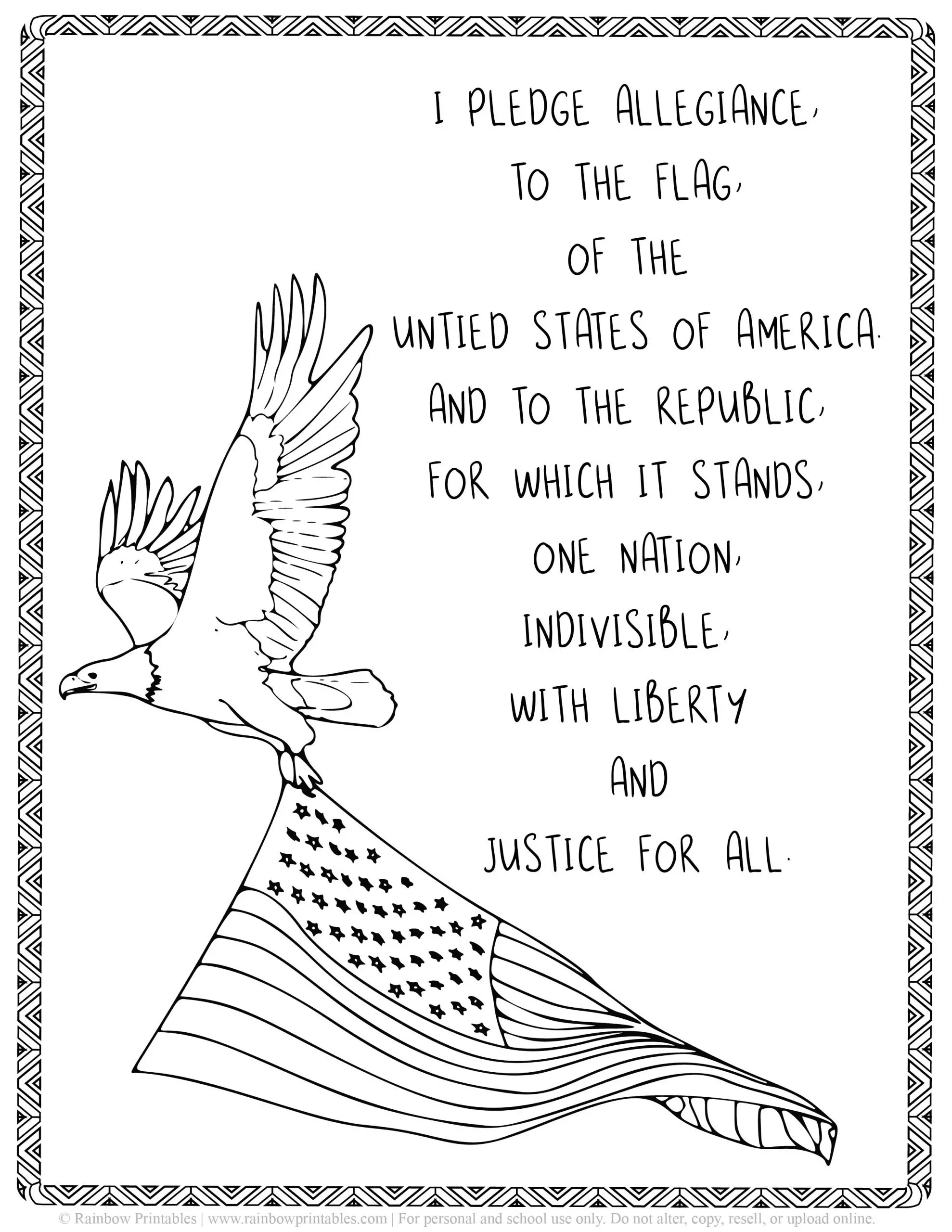 Kids Patriotic July 4th independence Day America Printables Eagle US National Anthem Print Out Black White Coloring Page