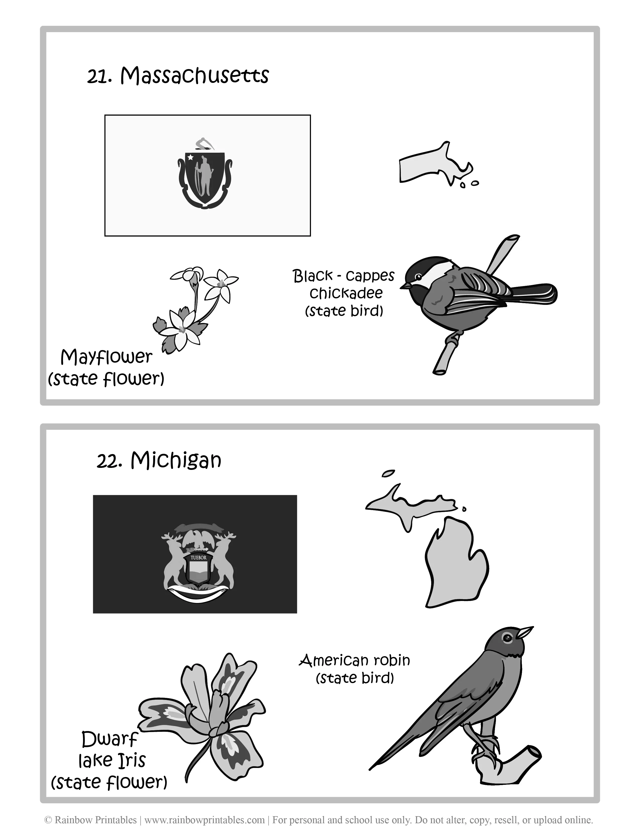 Massachusetts, Michigan, 50 US State Flag, State Bird, State Flower, United States of America - American States Geography Worksheet Class Lesson Printables Flashcards Black White
