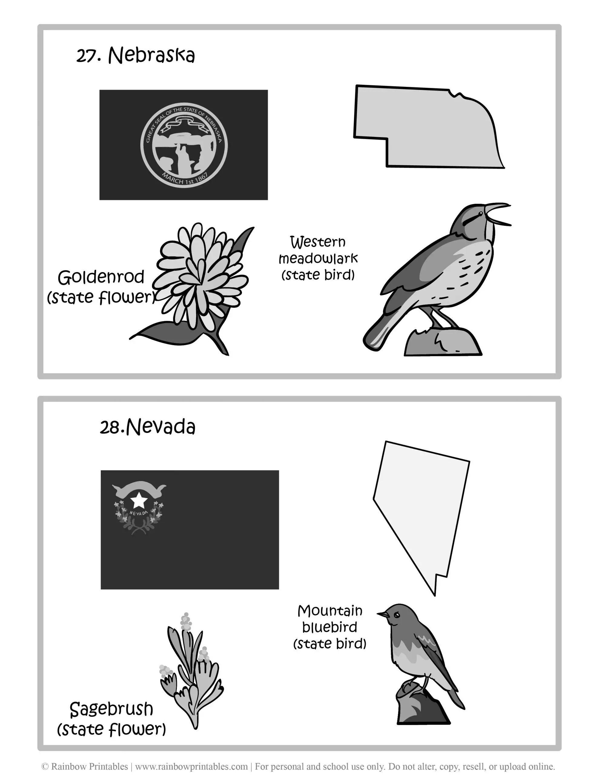 Nebraska, Nevada, 50 US State Flag, State Bird, State Flower, United States of America - American States Geography Worksheet Class Lesson Printables Flashcards Black White