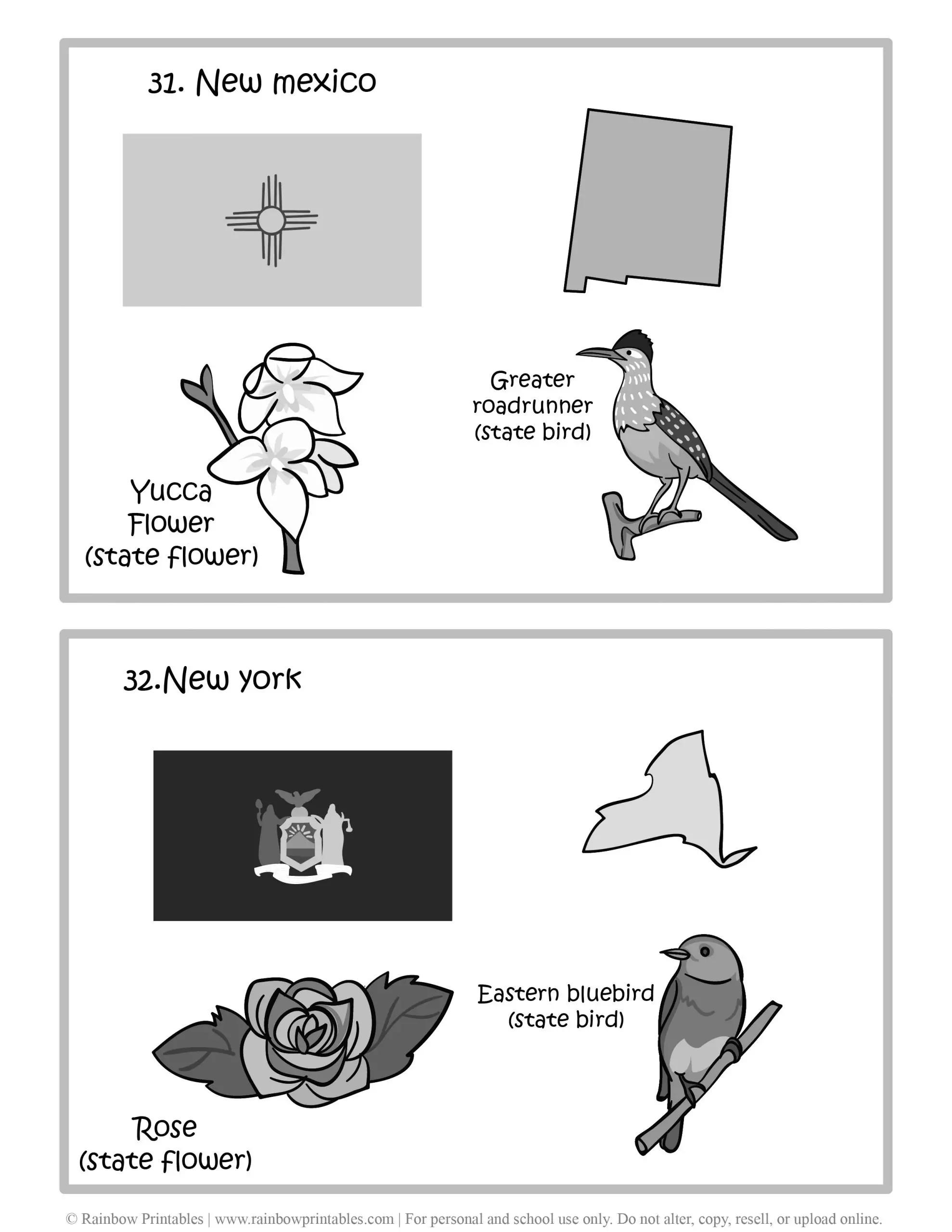 New Mexico, New York, 50 US State Flag, State Bird, State Flower, United States of America - American States Geography Worksheet Class Lesson Printables Flashcards Black White