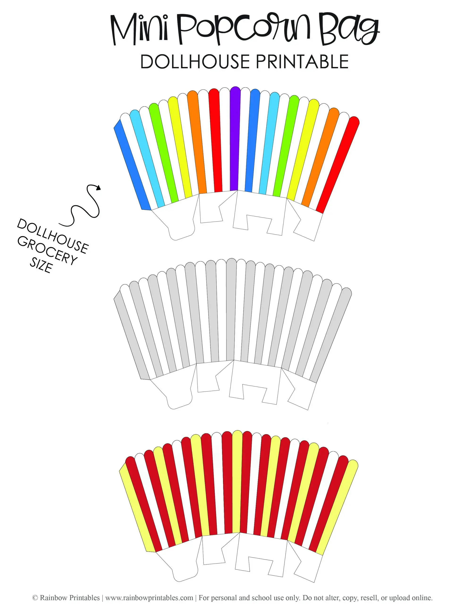 Rainbow BW and Movie Classic Striped Mini Popcorn Bag Printable Grocery Snack for Kids DIY Paper Crafts Cut & Make Dollhouse Miniature