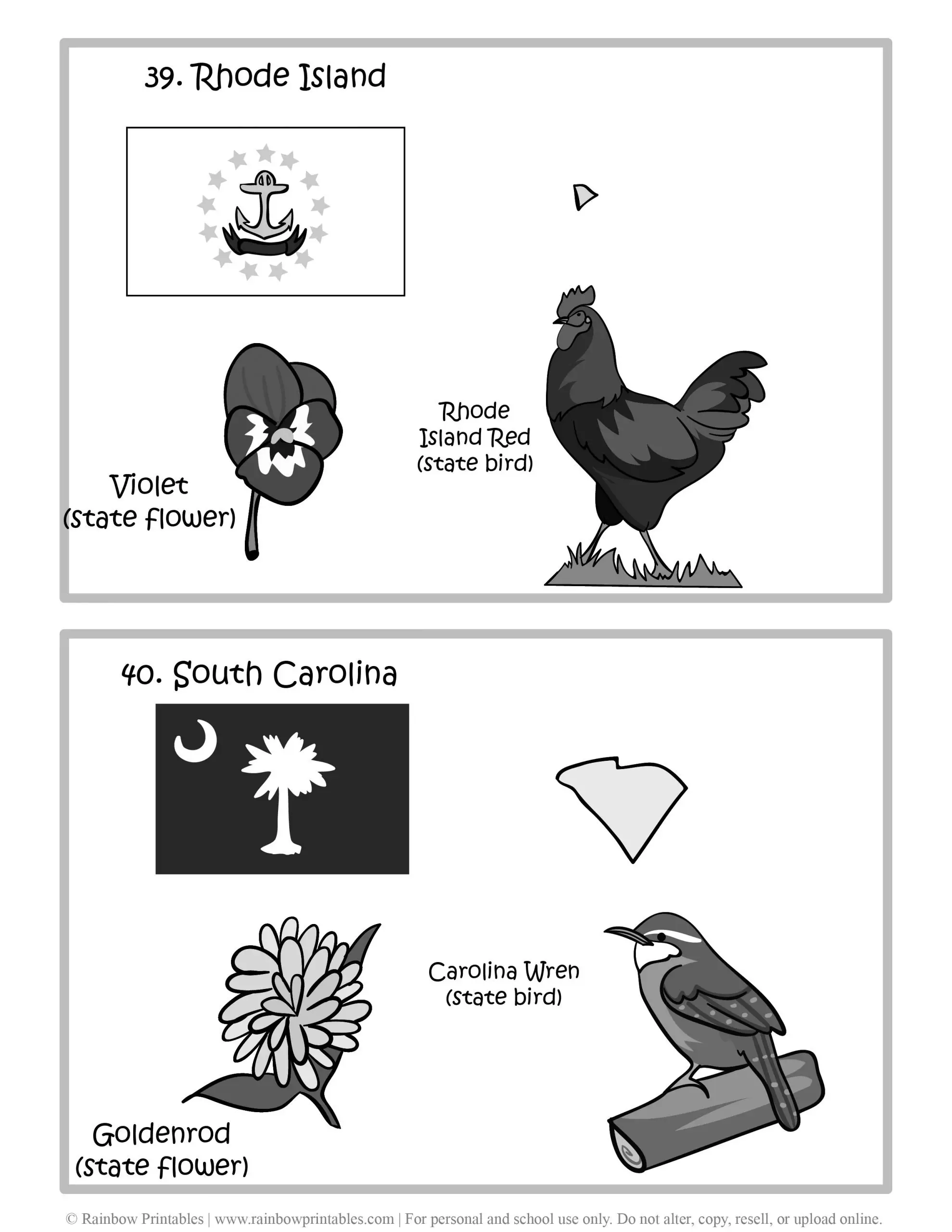 Rhode Island, South Carolina, 50 US State Flag, State Bird, State Flower, United States of America - American States Geography Worksheet Class Lesson Printables Flashcards Black White
