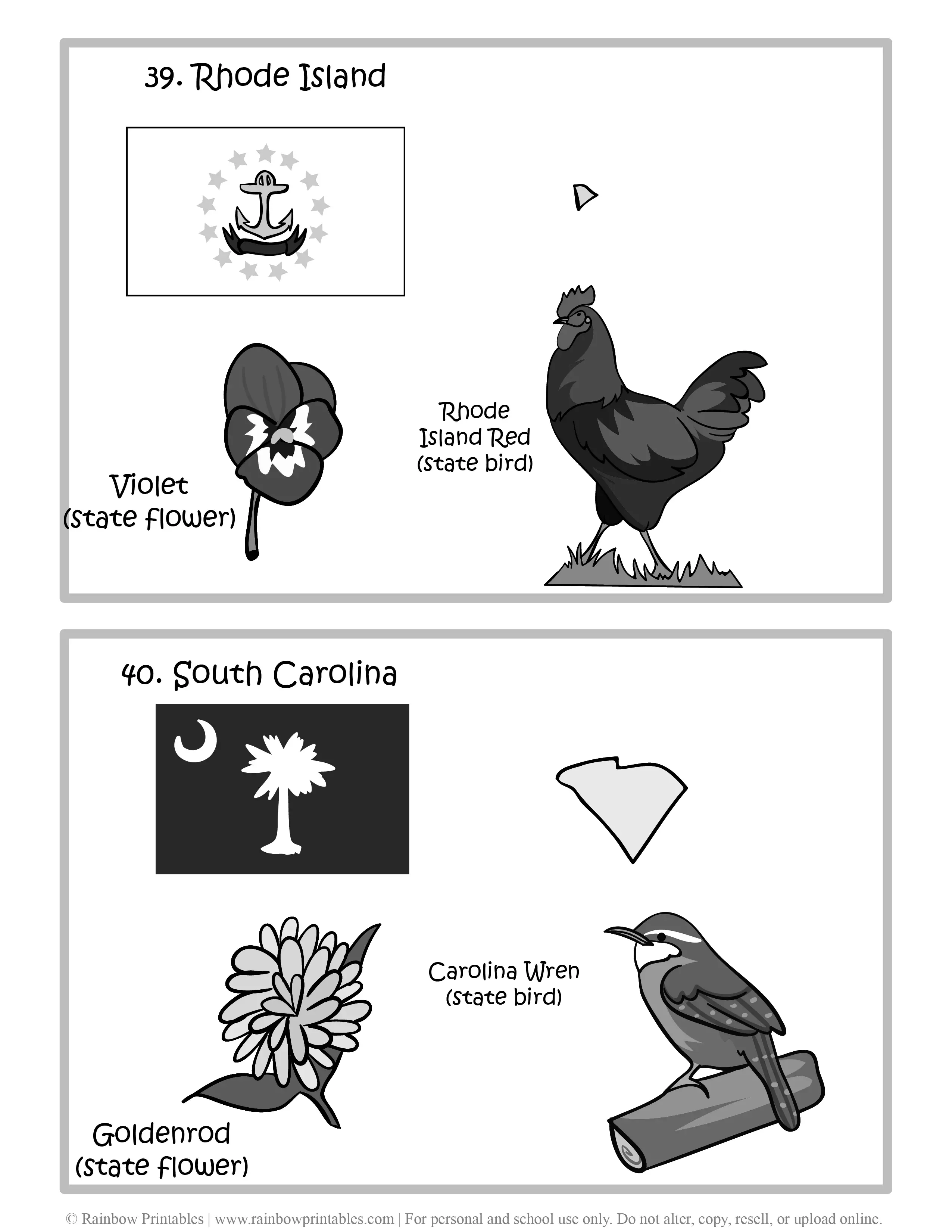 Rhode Island, South Carolina, 50 US State Flag, State Bird, State Flower, United States of America - American States Geography Worksheet Class Lesson Printables Flashcards Black White