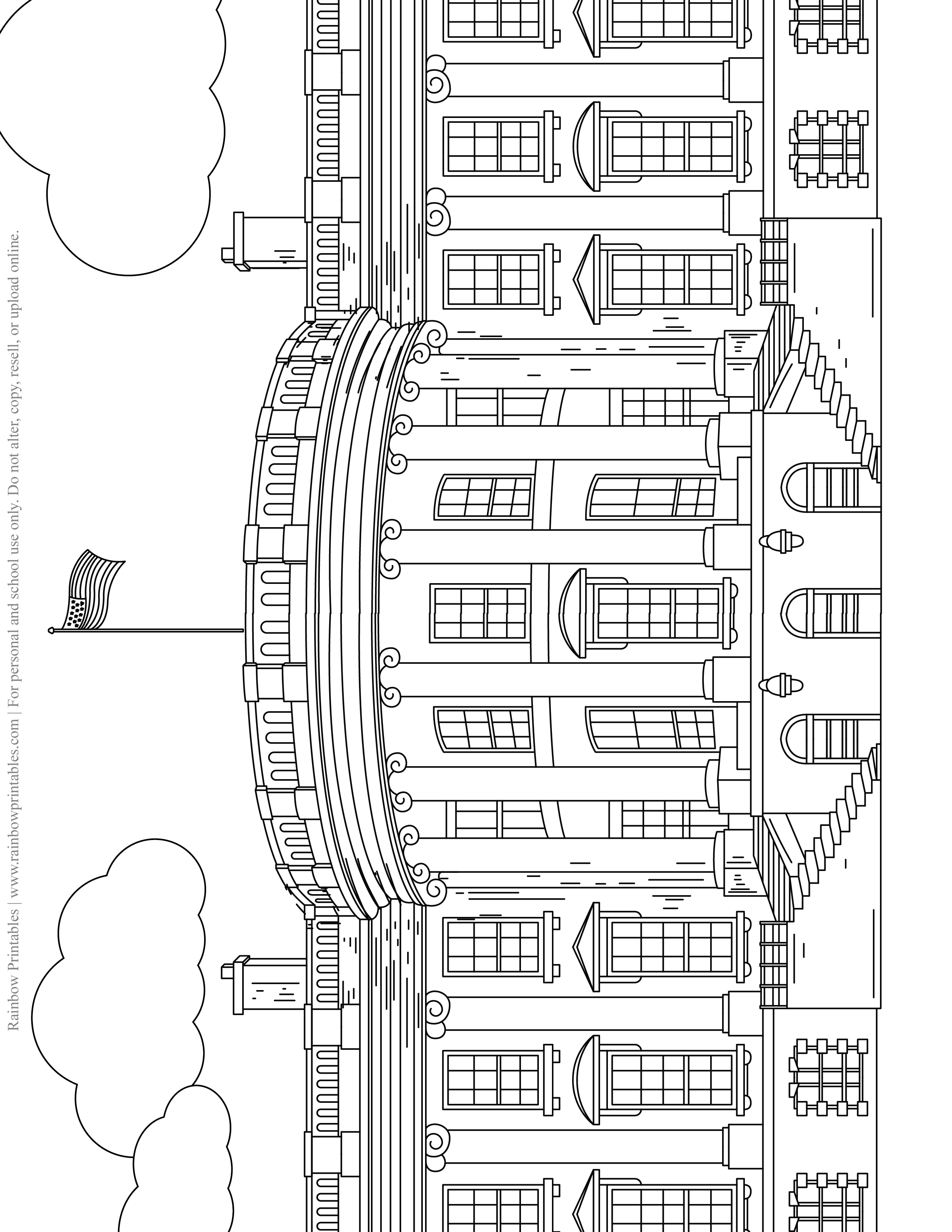 WHITE HOUSE Line Drawing Kids Patriotic July 4th Independence Day Printables for Children, Toddlers, America Coloring Pages, Activity for Preschool, Presidential Palace House