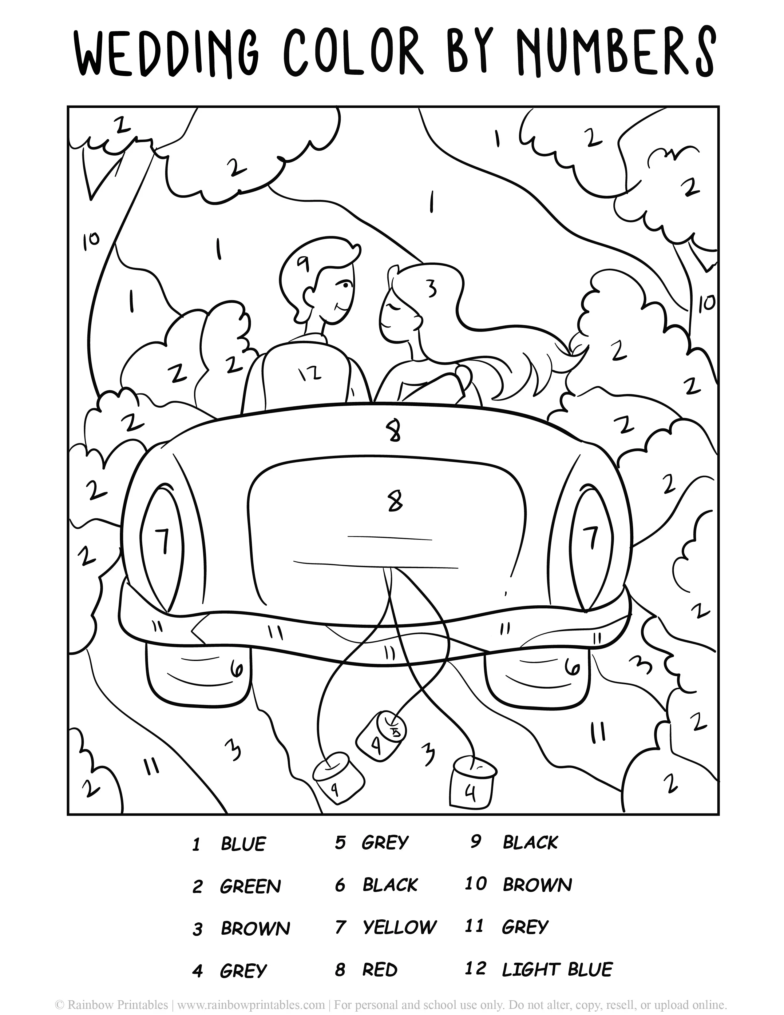 Wedding Color By Number Bride Groom in Car Marriage Math Educational Game Activity for Kids Easy Worksheet Printable PDF JPEG EASY Coloring Sheet Wedding
