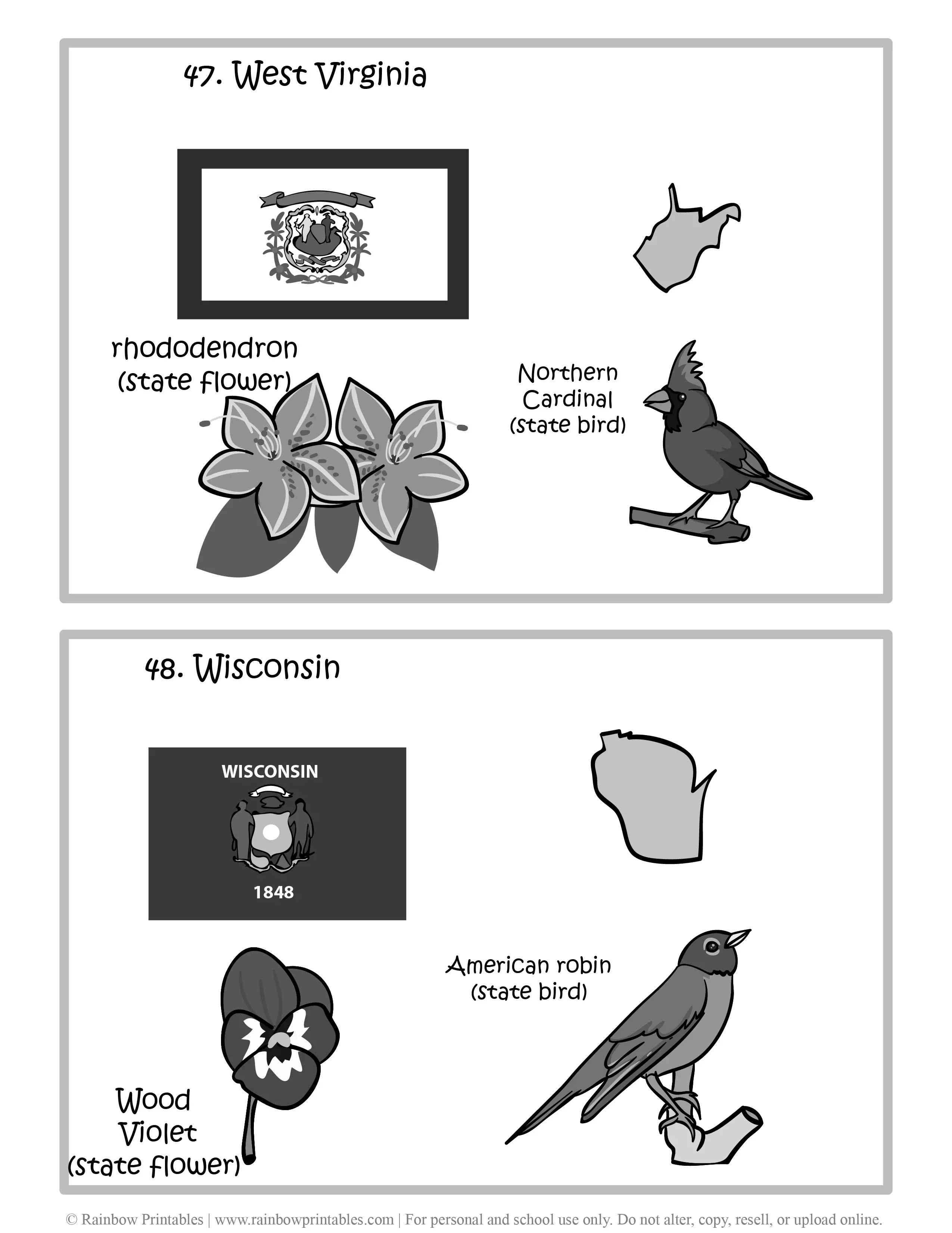 West Virginia, Wisconsin, 50 US State Flag, State Bird, State Flower, United States of America - American States Geography Worksheet Class Lesson Printables Flashcards Black White