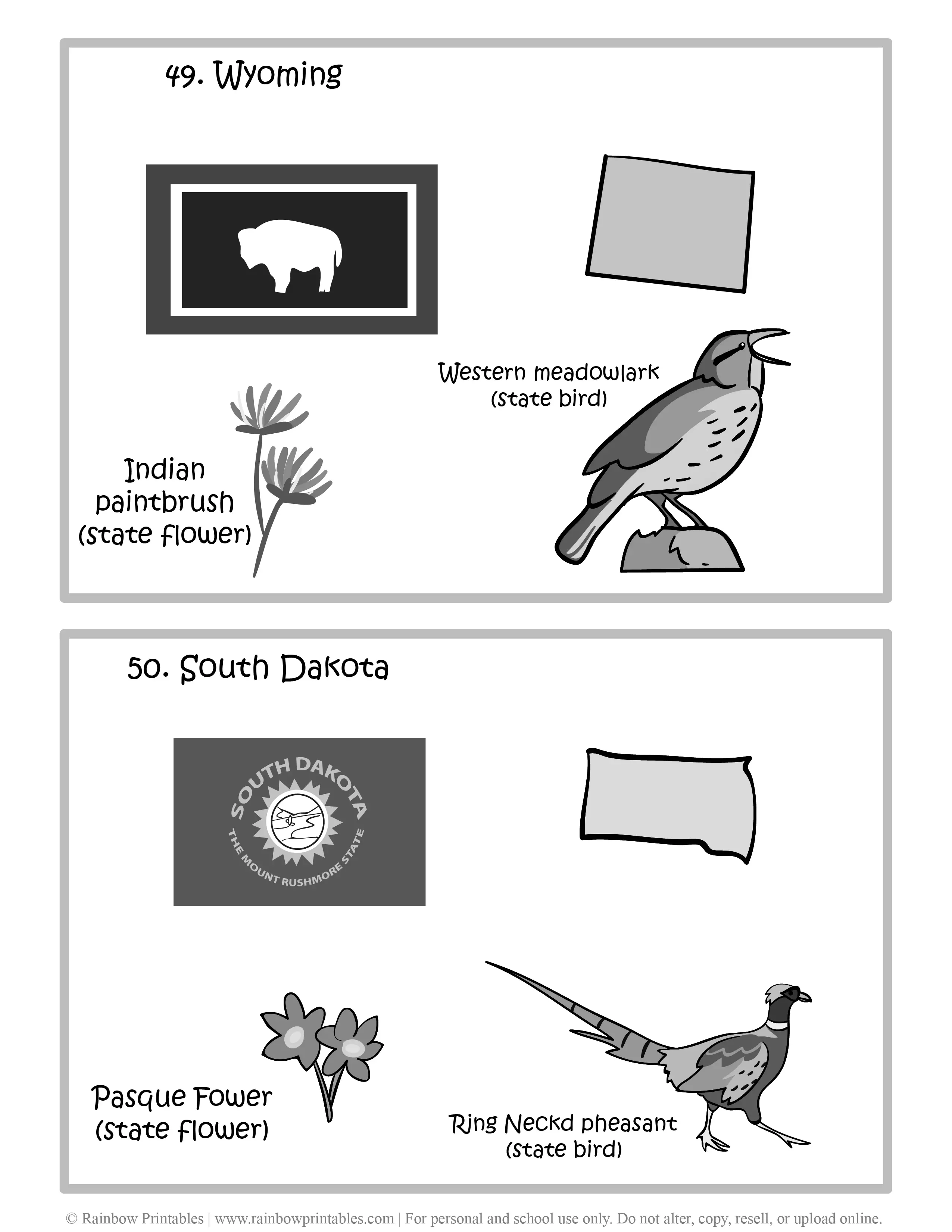 Wyoming, South Dakota, 50 US State Flag, State Bird, State Flower, United States of America - American States Geography Worksheet Class Lesson Printables Flashcards Black White